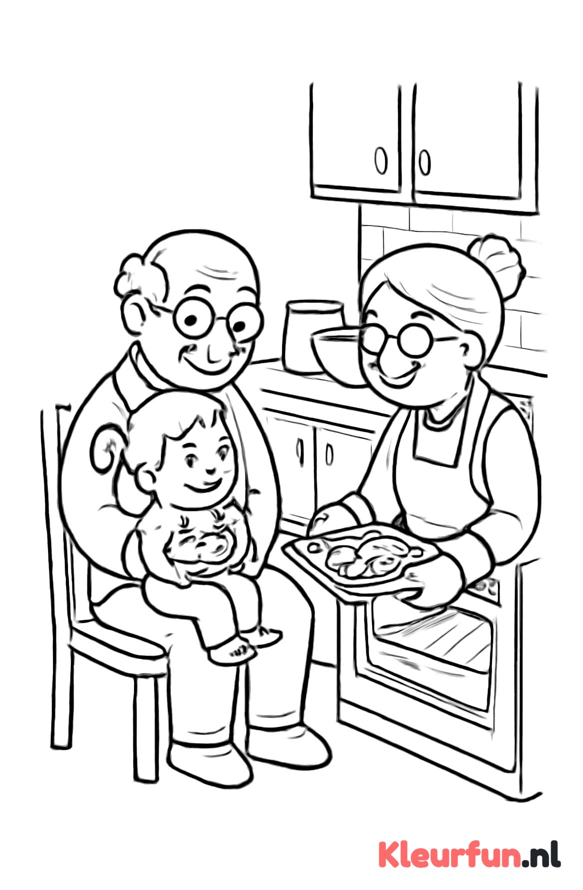Opa met kleinkind en oma bakt koekjes