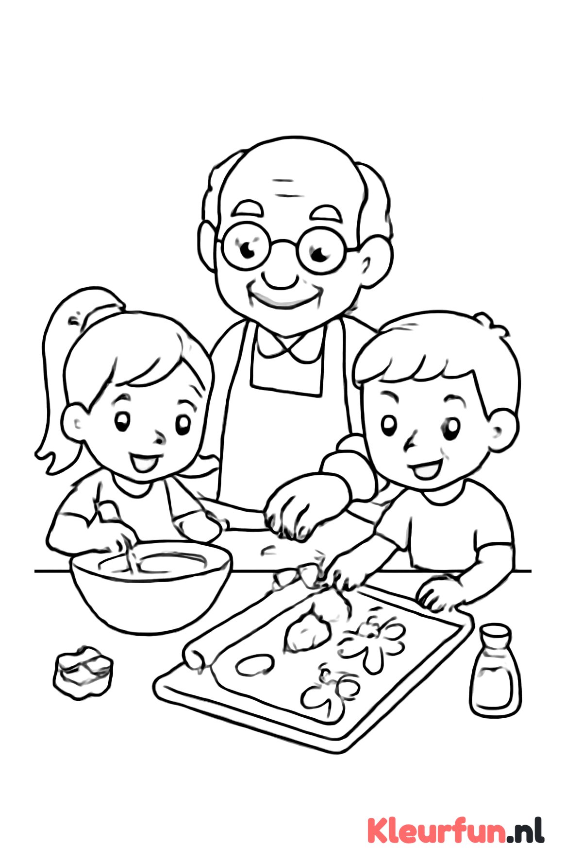 Opa bakt koekjes met kleinkinderen