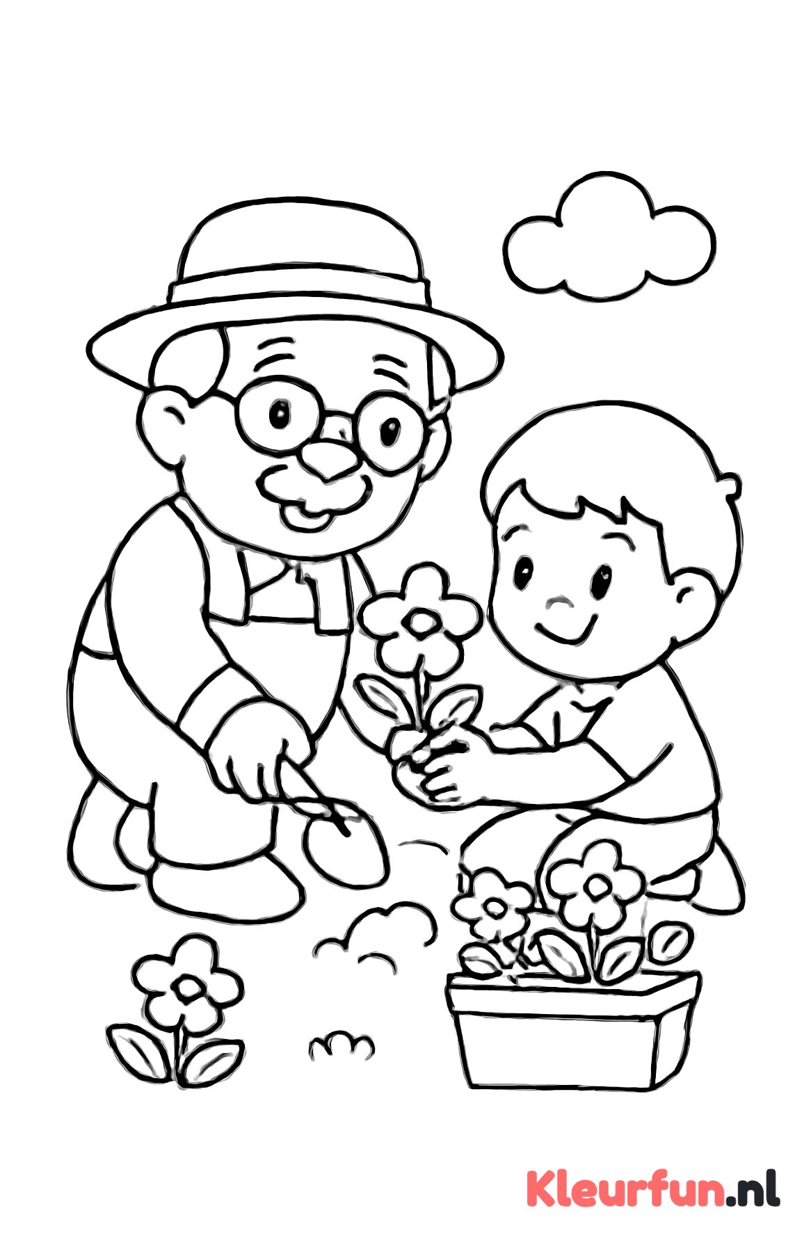 Opa plant bloemen met kind