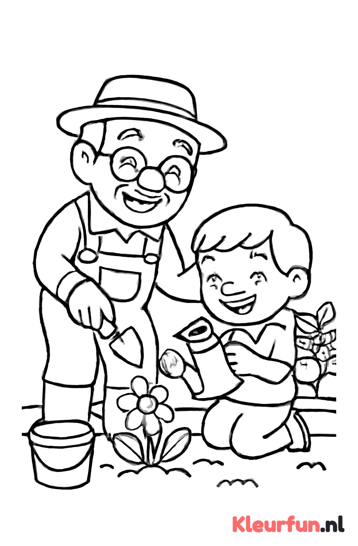 Opa en kleinkinderen in de tuin