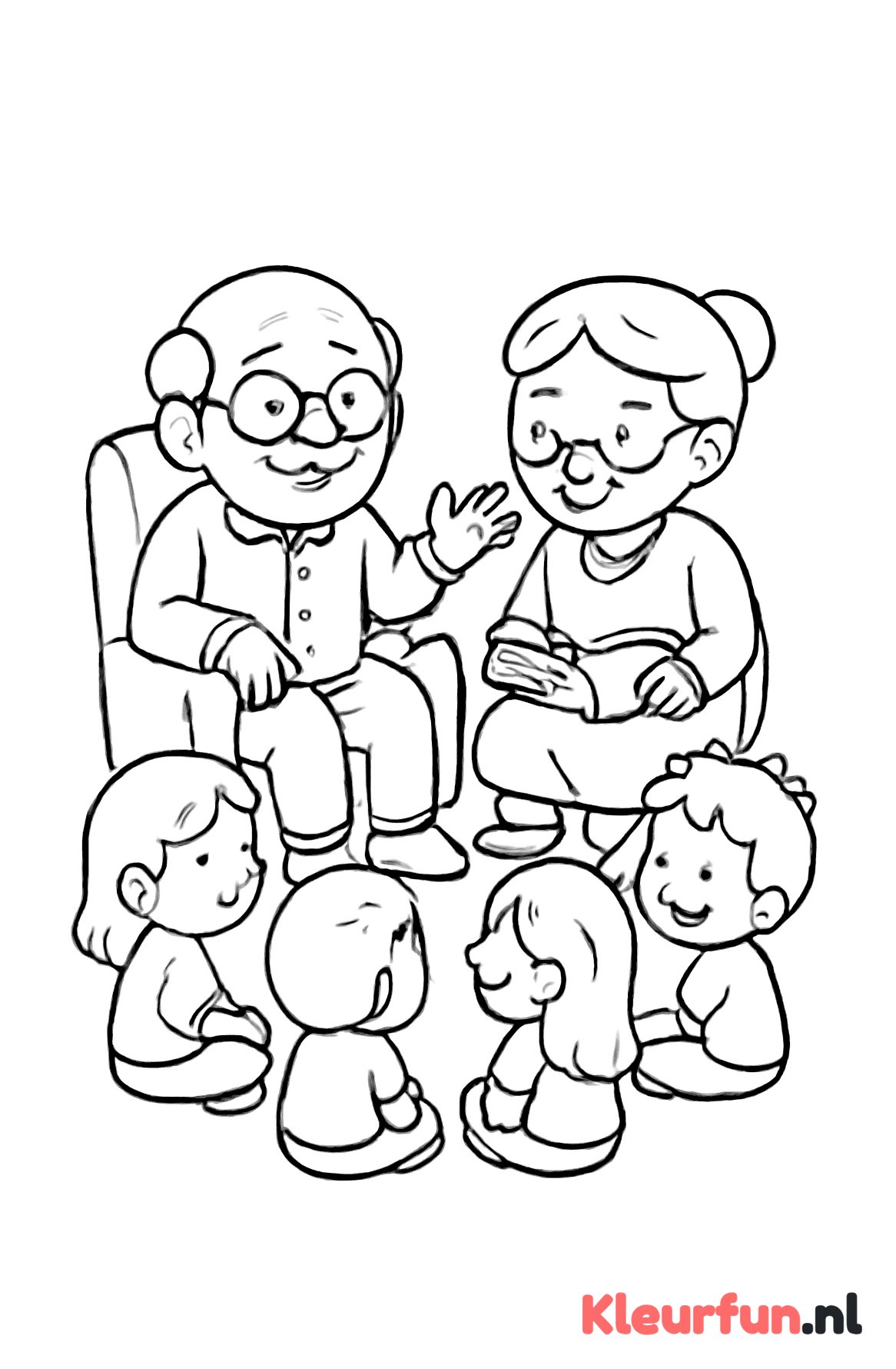 Opa vertelt een verhaal met oma en kleinkinderen
