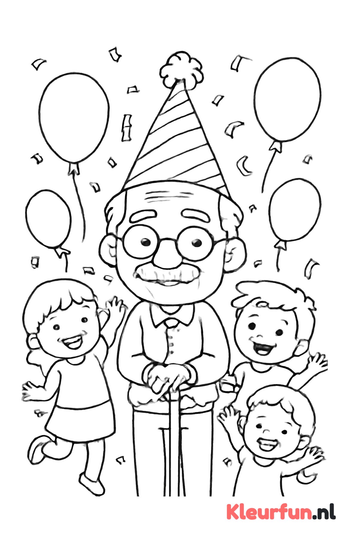 Opa met verjaardagsmuts en ballonnen