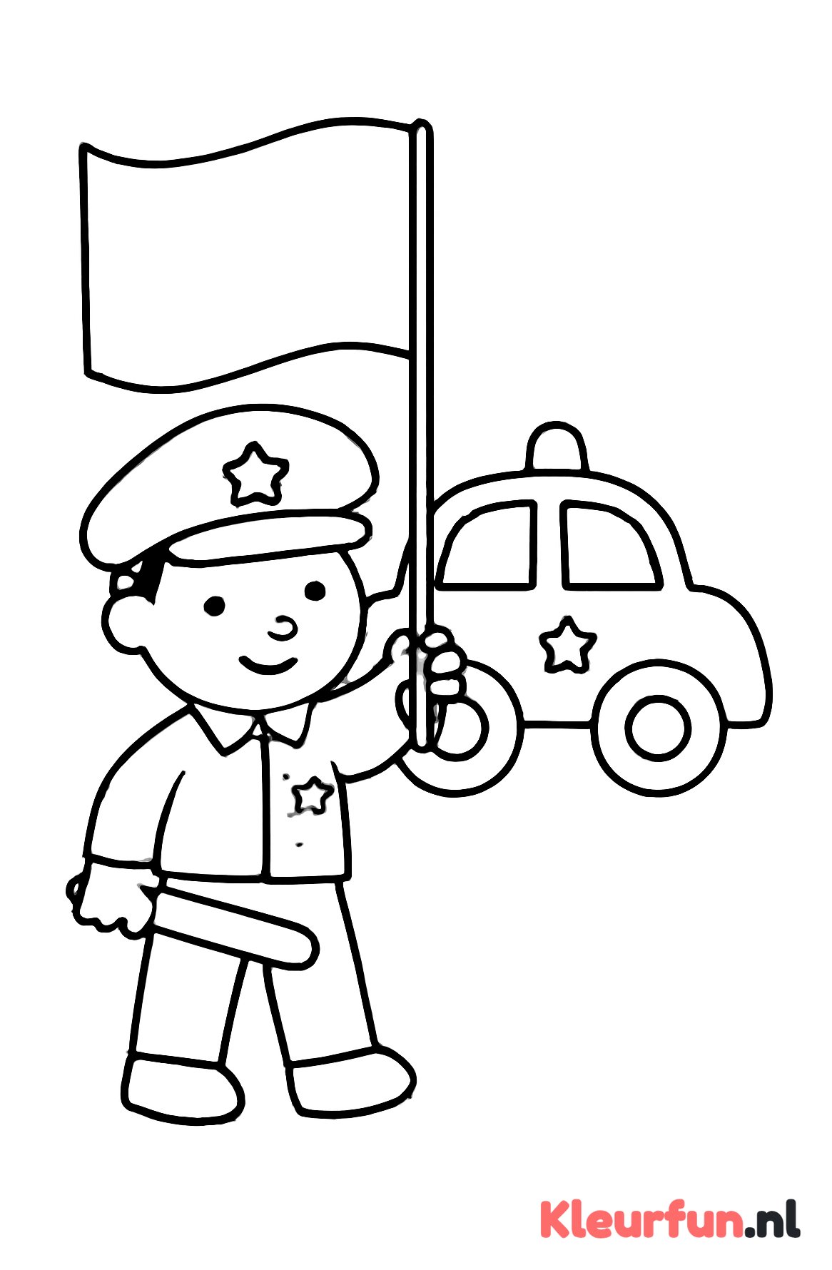 Politieagent met vlag en politieauto