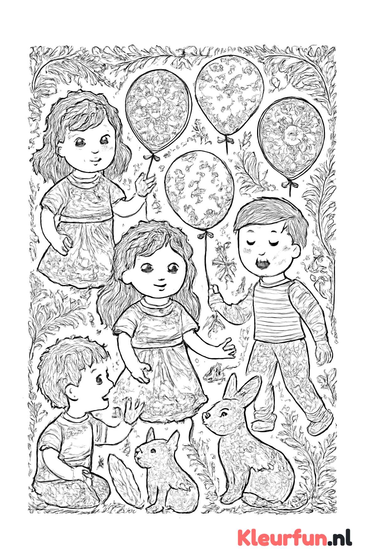 Gedetailleerde schattige kinderen met ballonnen en dieren