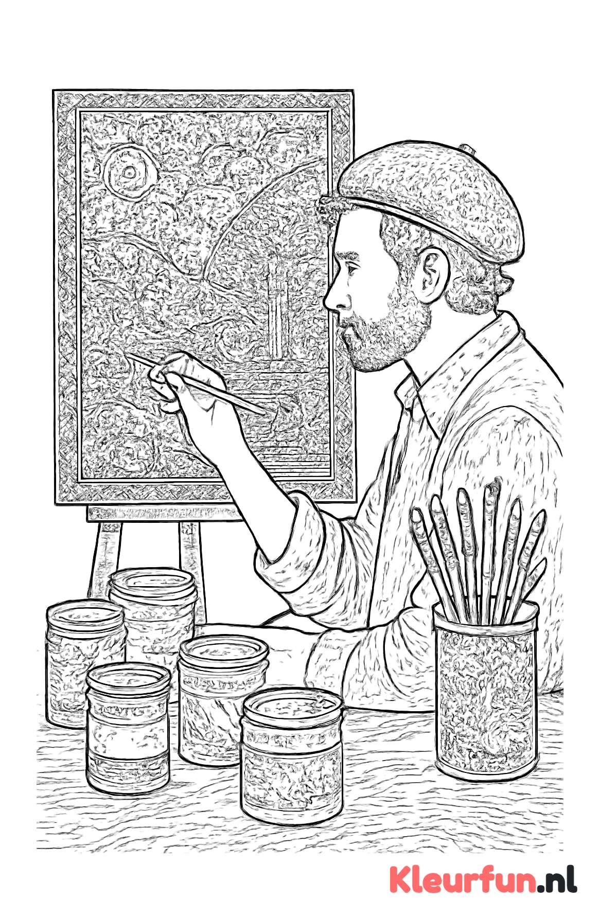 Schilder in atelier met gedetailleerd kunstwerk