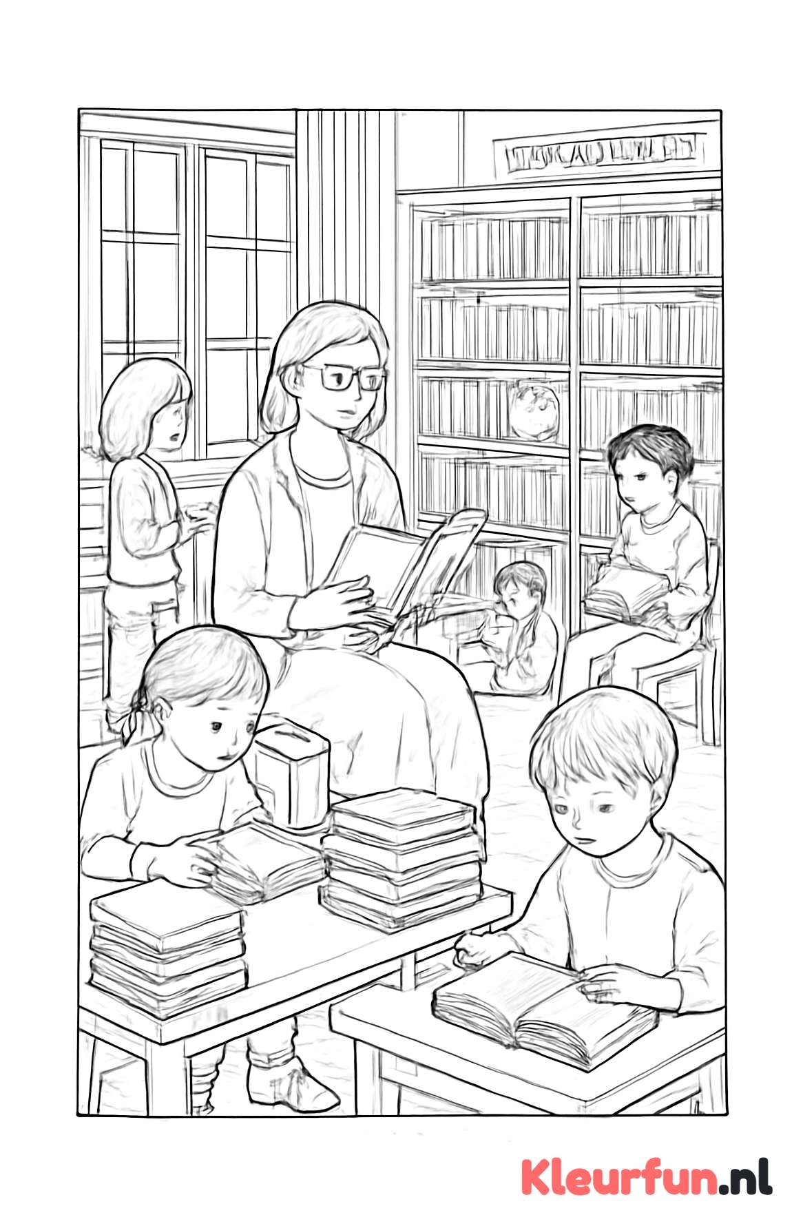 Schoolbibliotheek met lezende kinderen