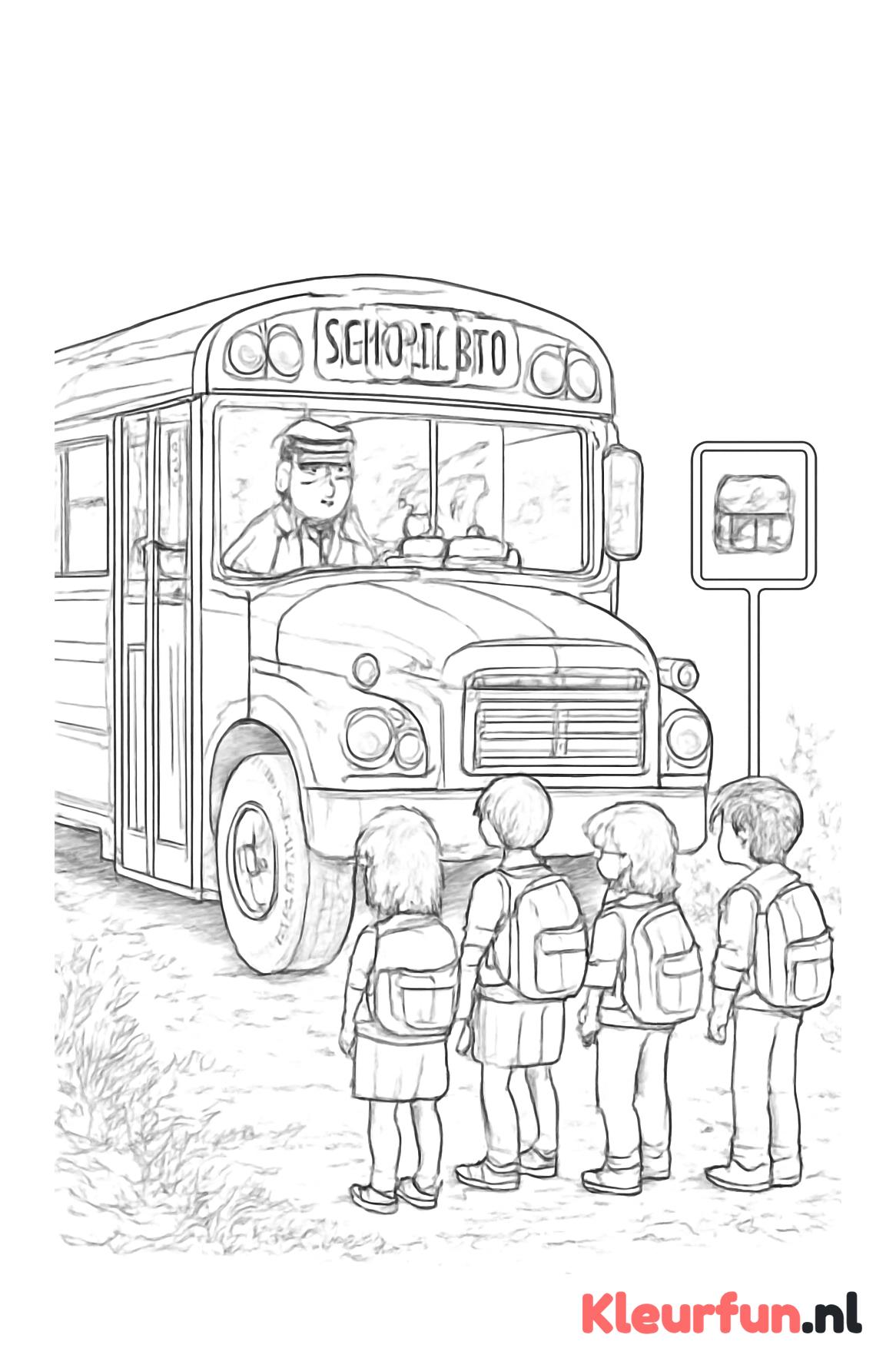 Schoolbus en kinderen bij bushalte