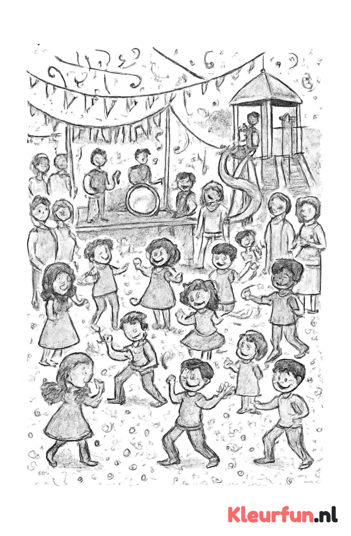 Schoolfeest met kinderen, ouders en muziek