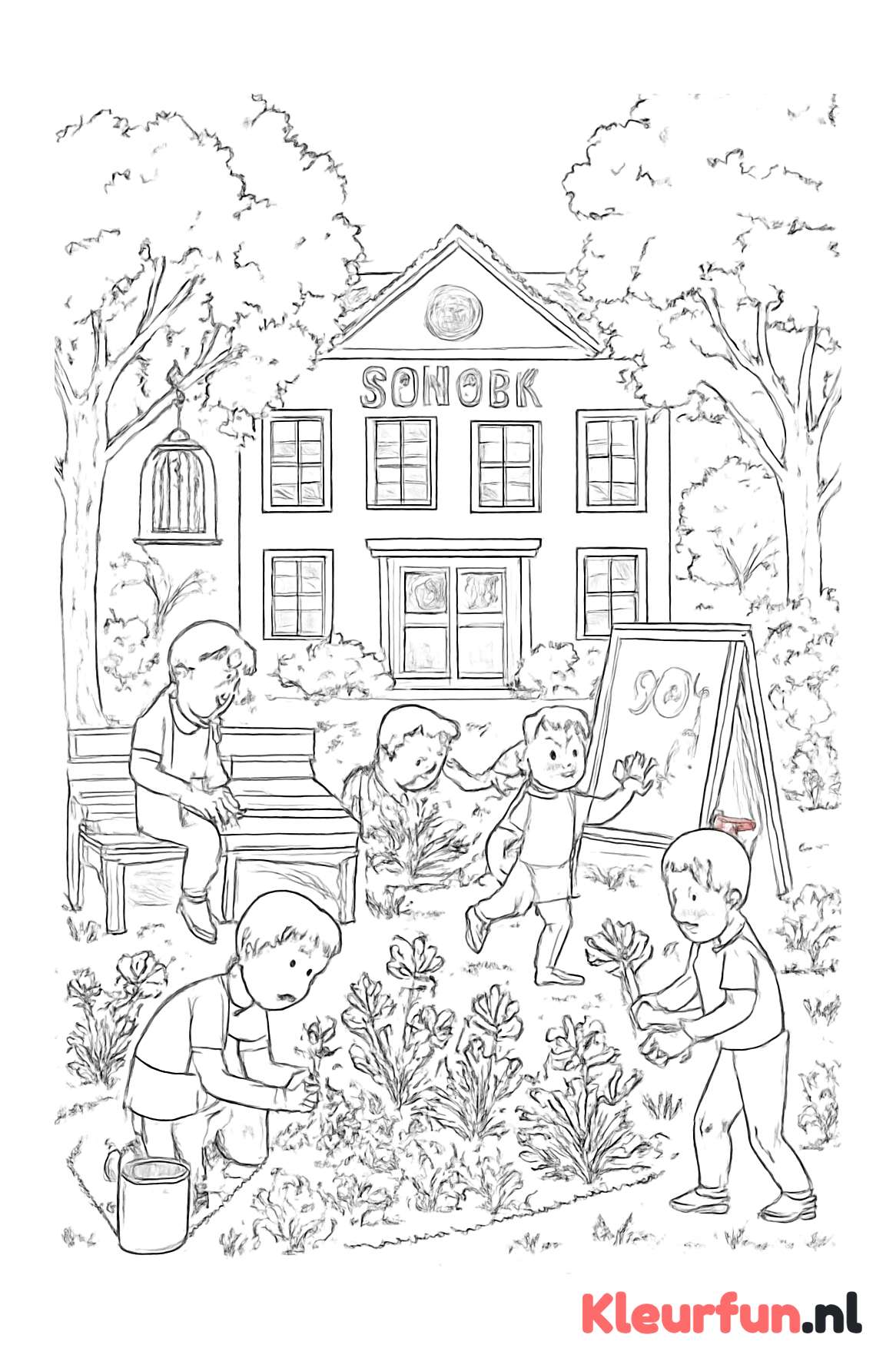 Schooltuin met spelende kinderen