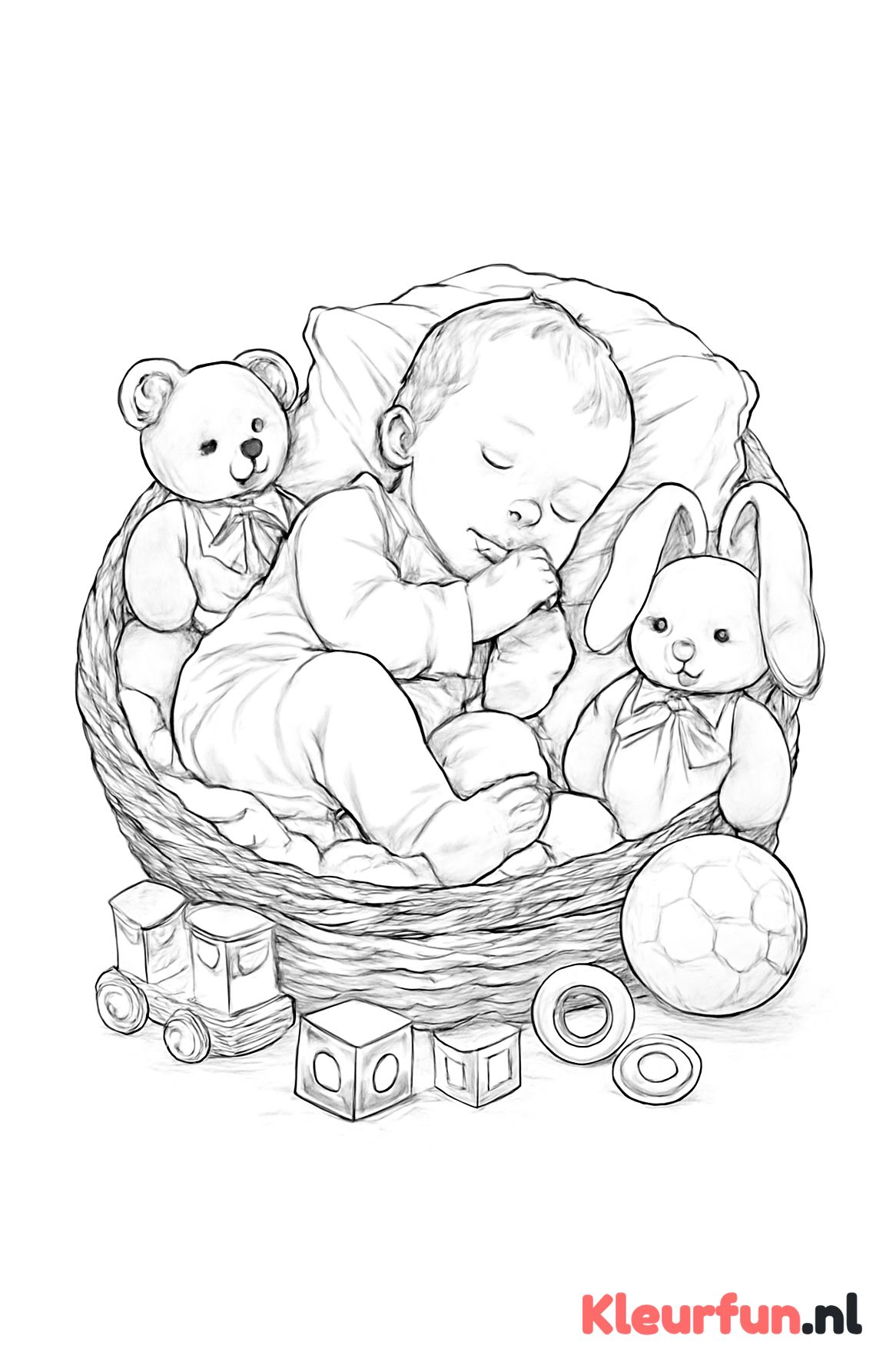 Slapende baby in mand met speelgoed