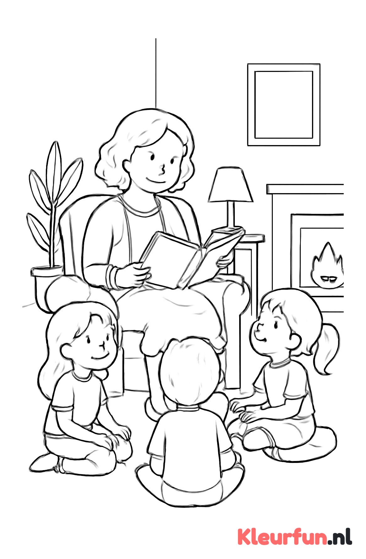 Tante leest verhaal aan kinderen
