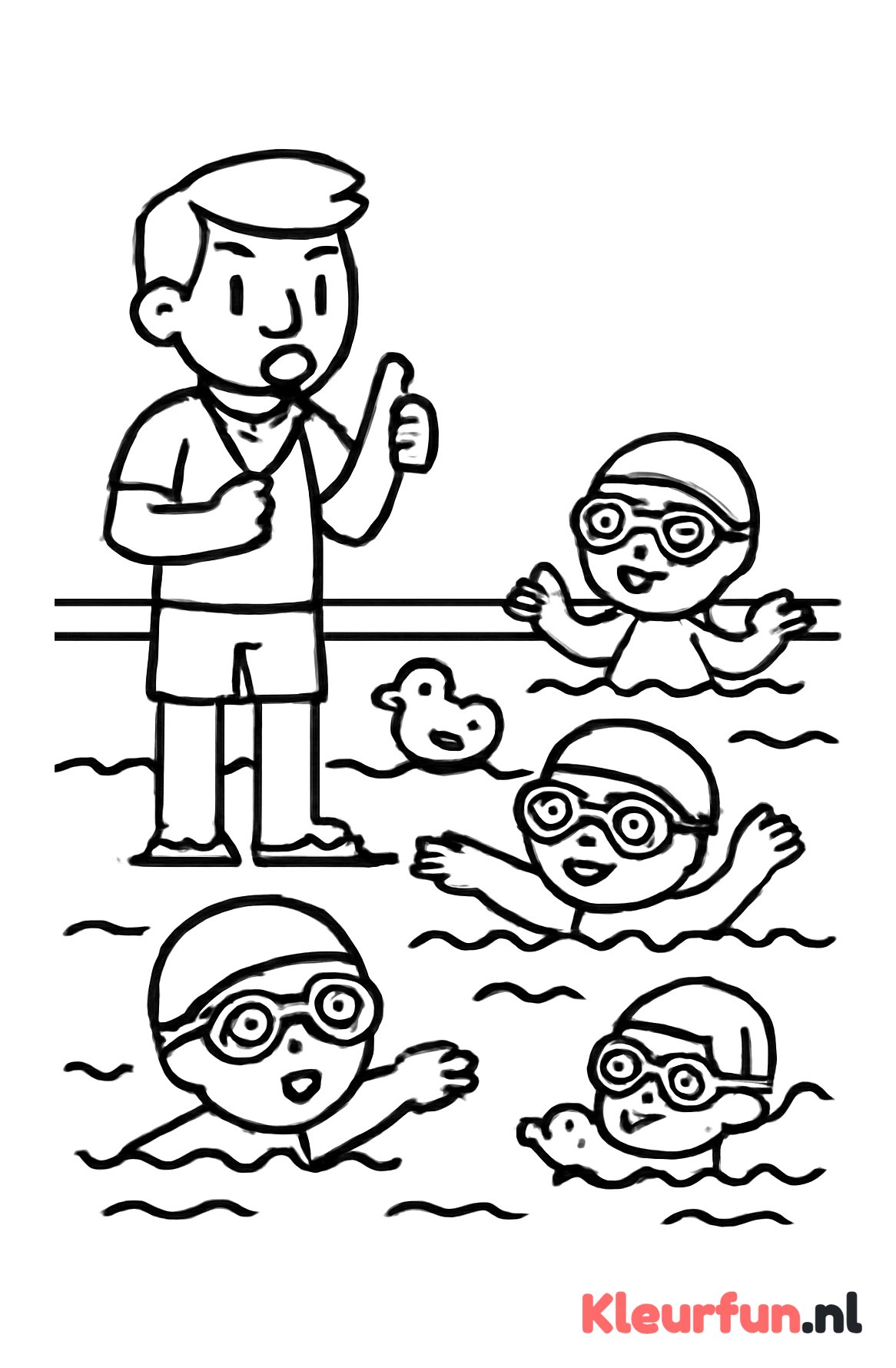 Zwemleraar aan de waterkant met zwemmende kinderen