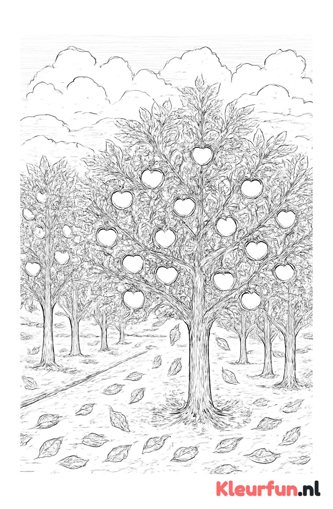 Appelboomgaard in herfst met vallende bladeren