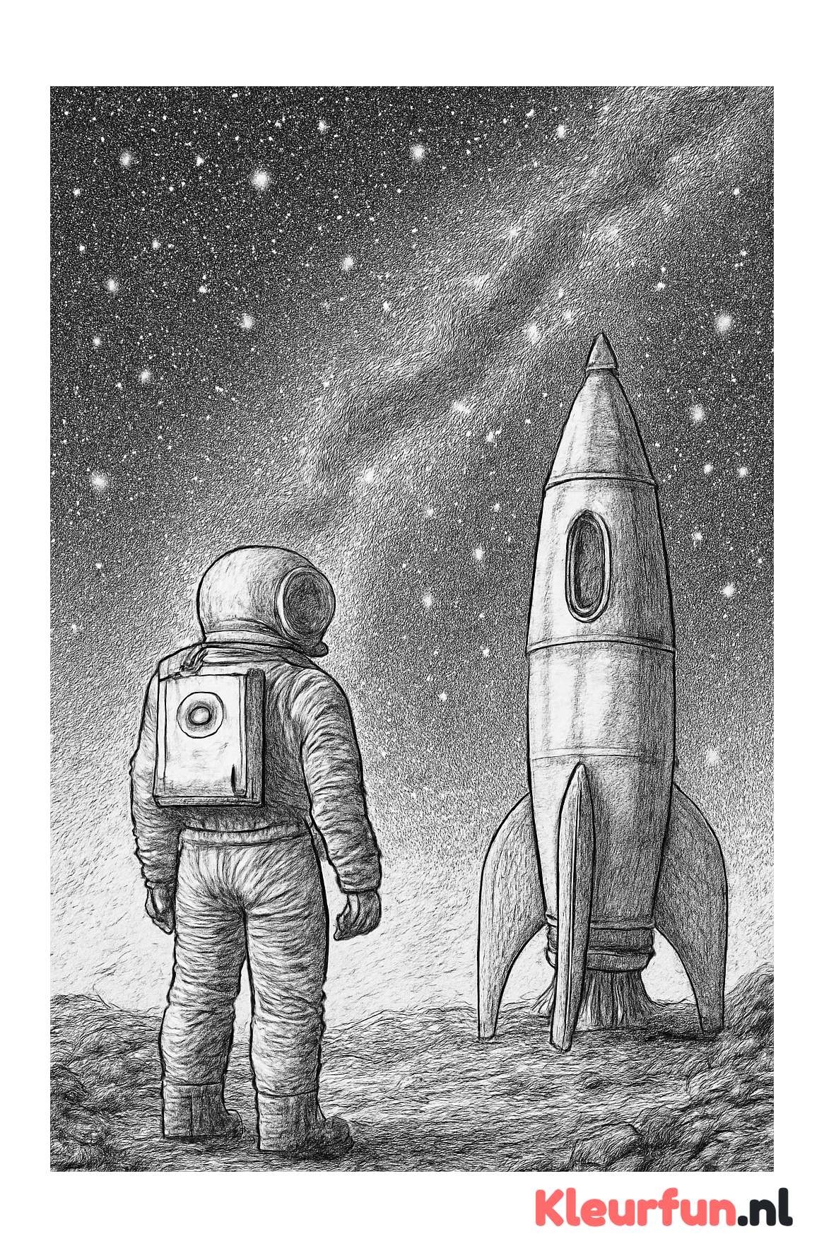Astronaut naast geparkeerde raket