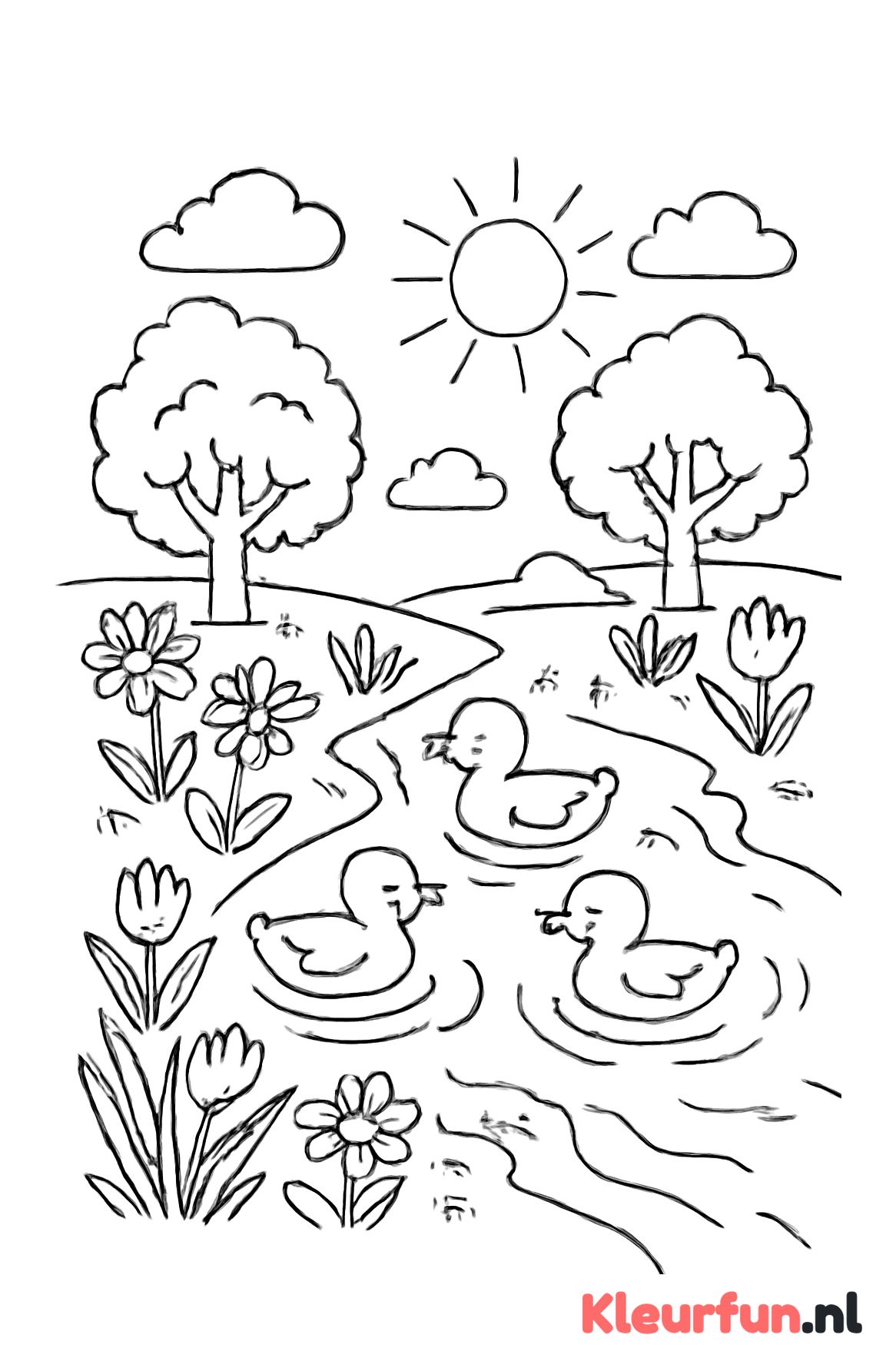 Beekje met eendjes en bloemen
