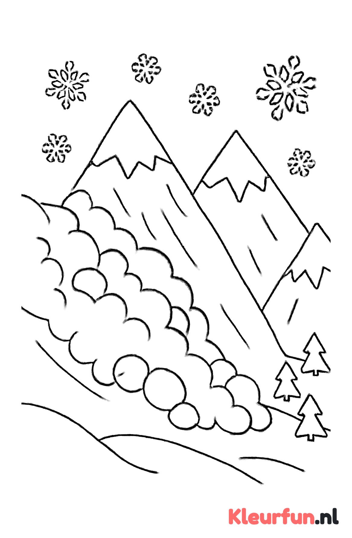 Berglandschap met lawine en sneeuwvlokken