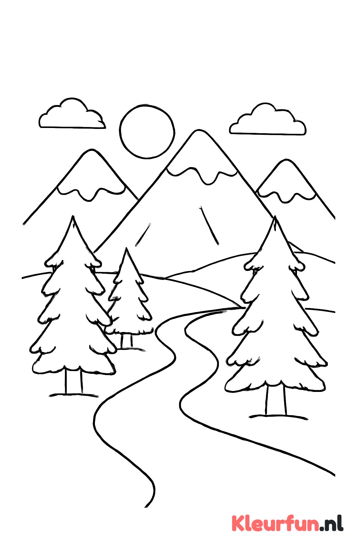 Berglandschap met rivier en dennenbomen