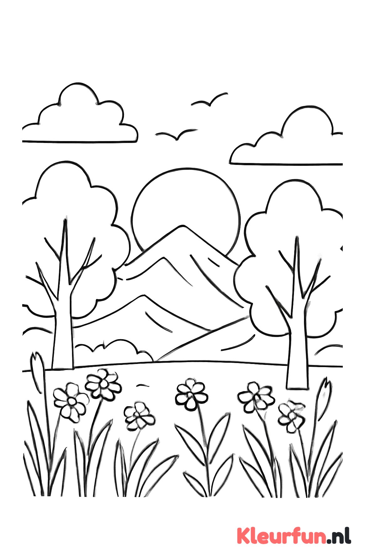 Berglandschap met zon, vogels en bloemen