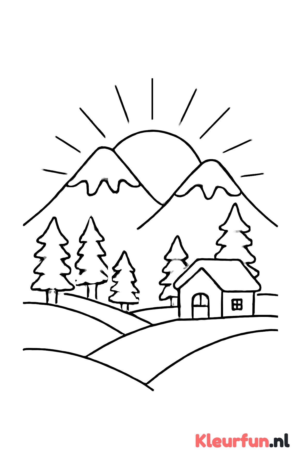 Berglandschap met zonsondergang en huisje