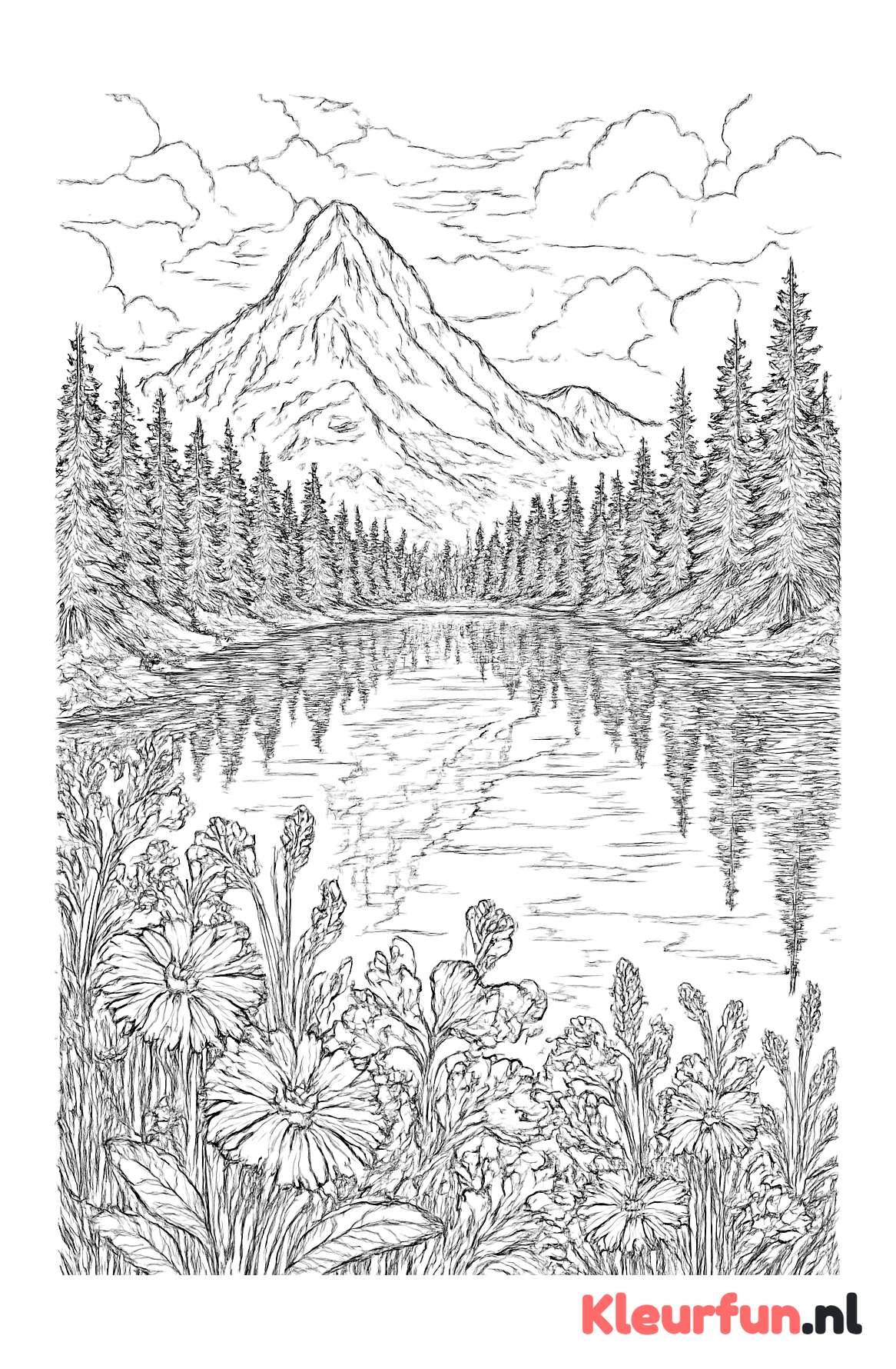Bergmeer met dennenbossen en bergachtig landschap