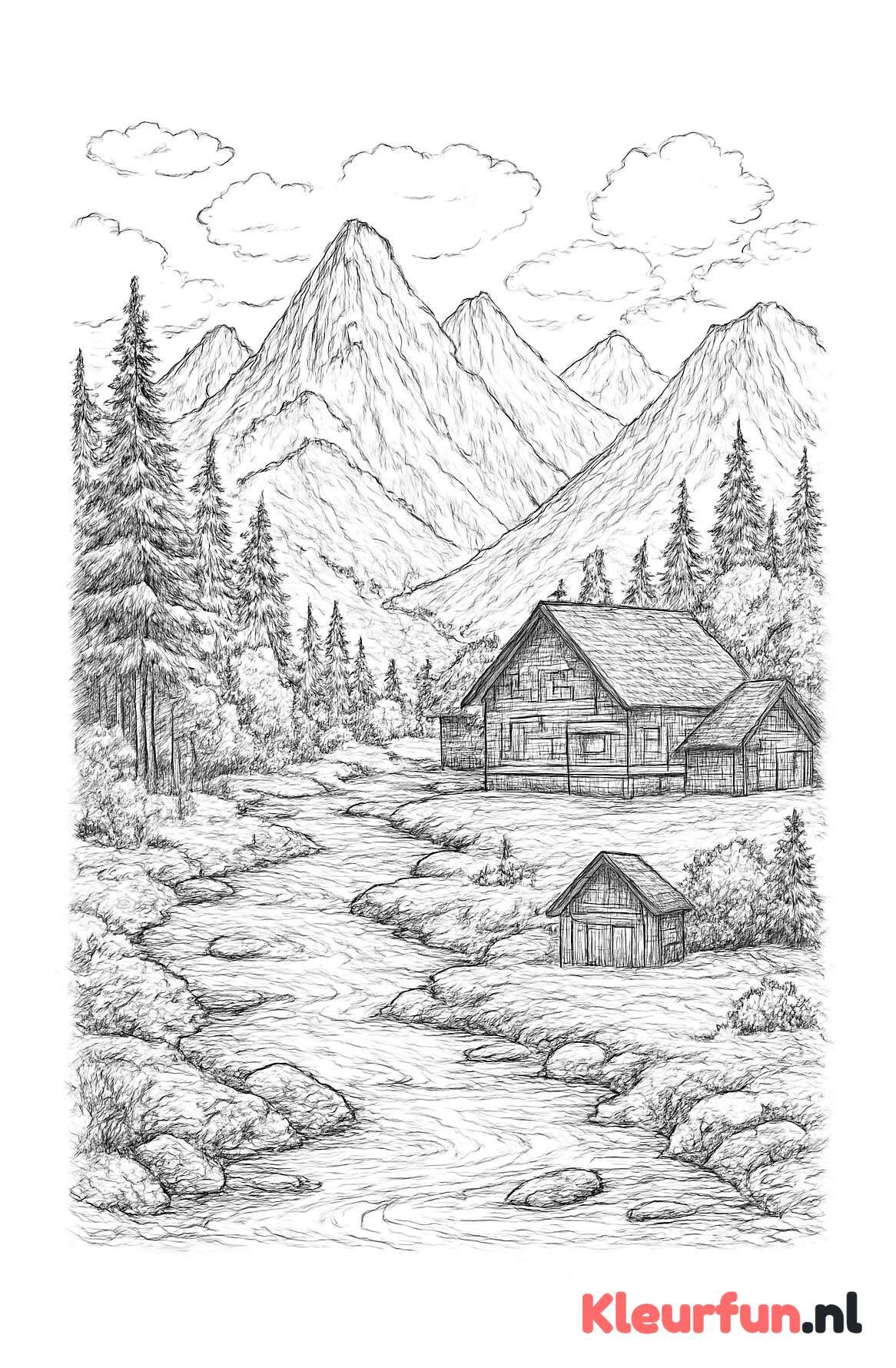 Berglandschap met rivier en boerderij