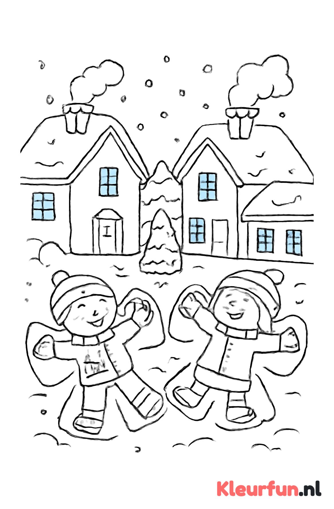 Besneeuwde dorpsstraat met sneeuwengeltjes