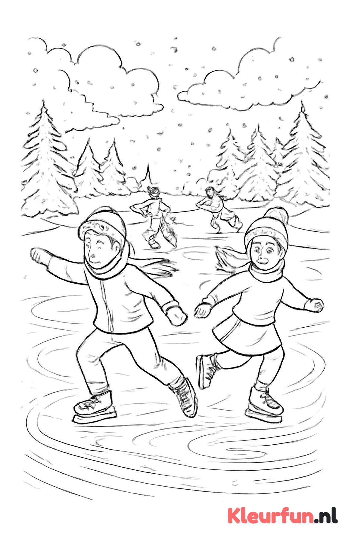 Bevroren meer met schaatsers