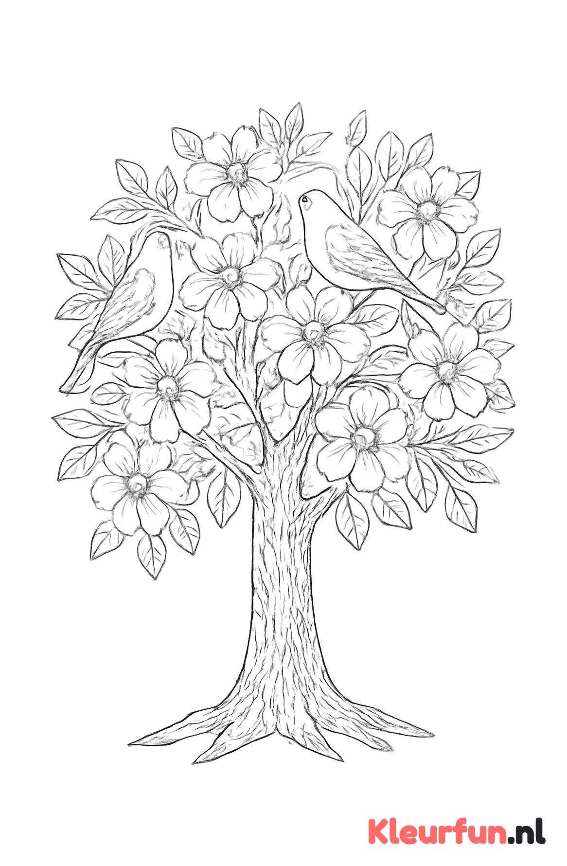 Boom met bloemen en vogels