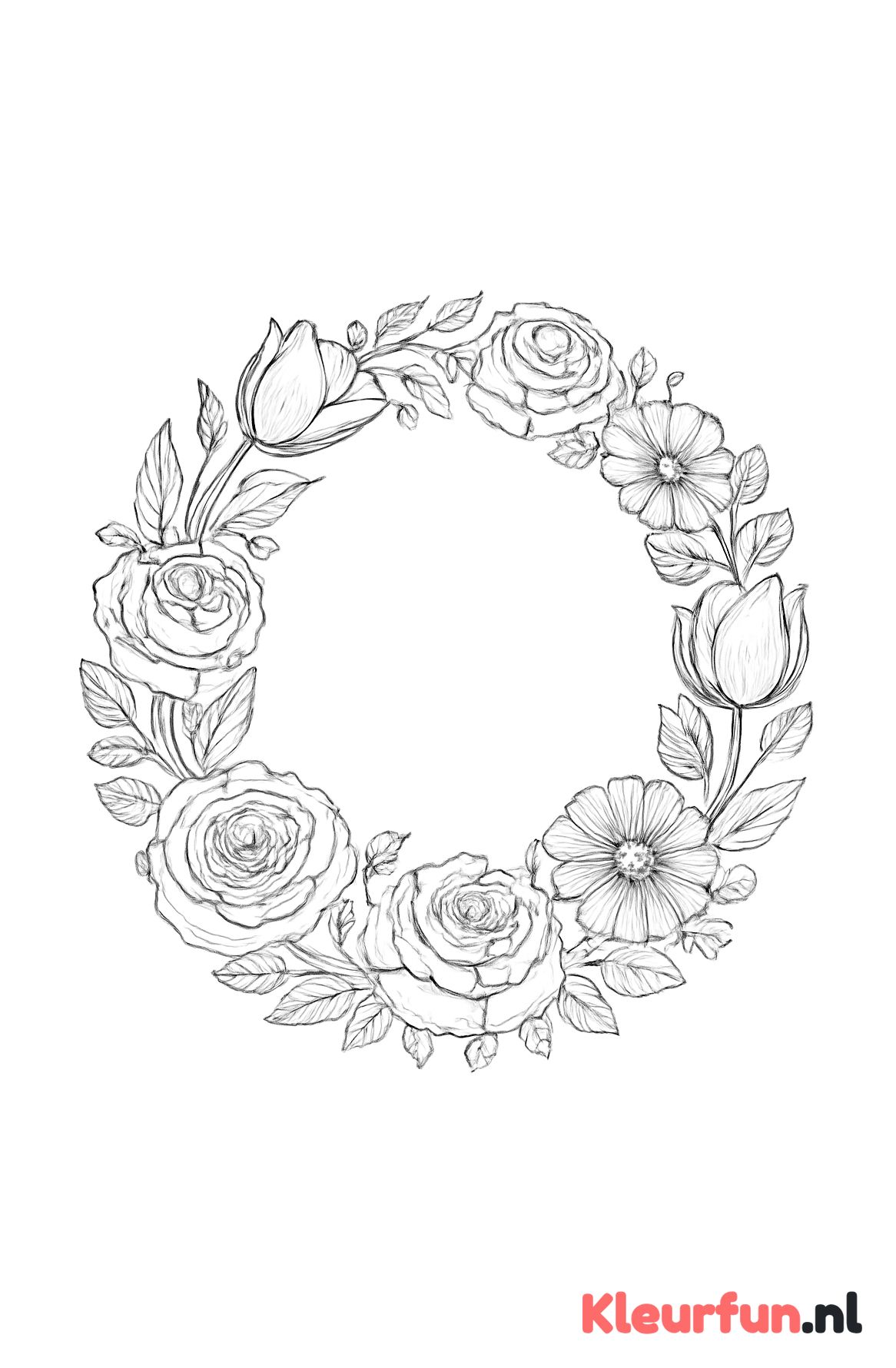 Detailrijke bloemenkrans met diverse bloemsoorten