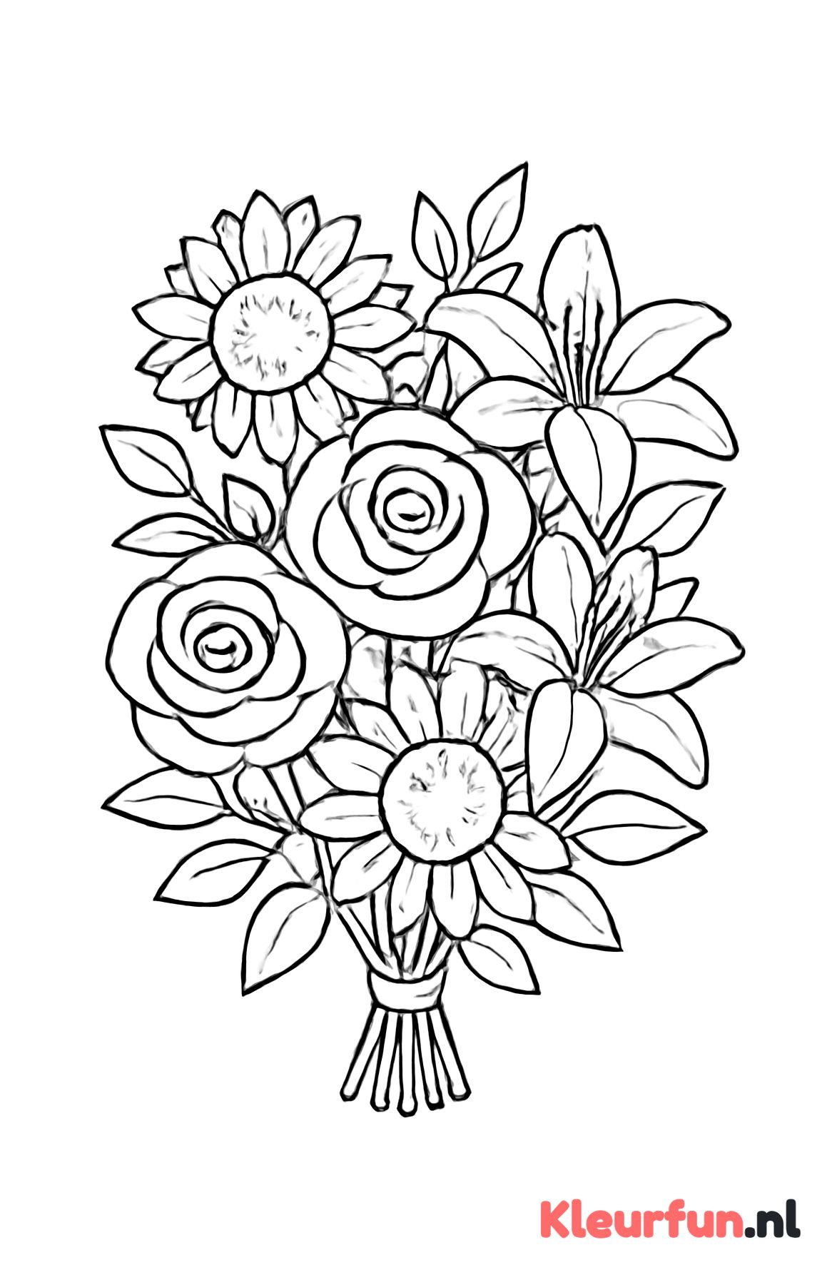 Boeket met rozen, lelies en zonnebloemen
