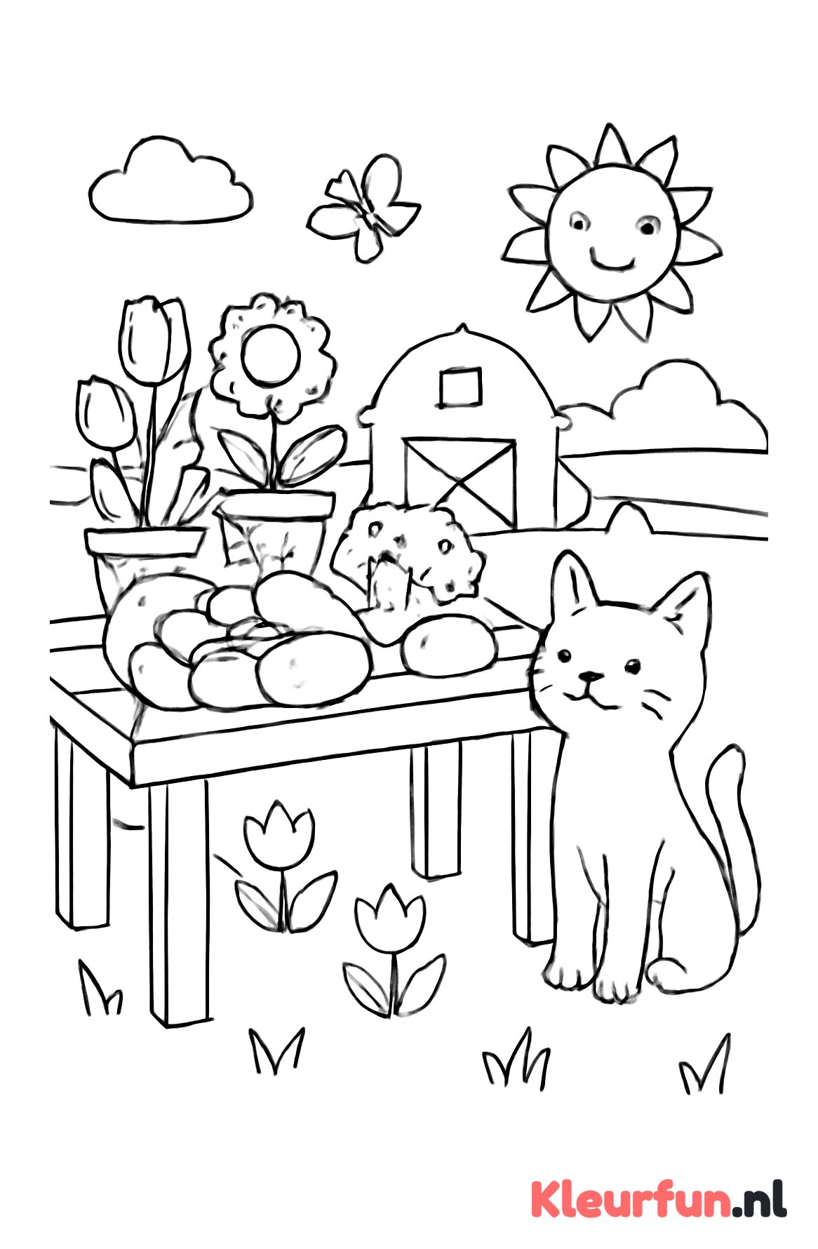 Boerderijtafel met groenten, bloemen en kat