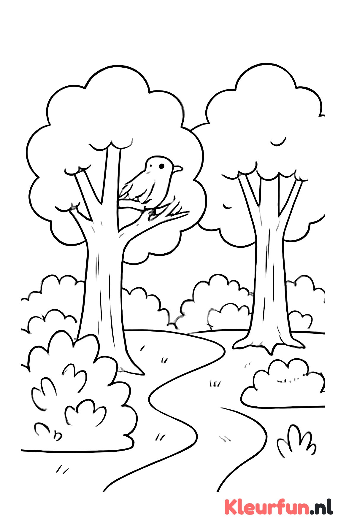 Eenvoudig boslandschap met bomen en vogel