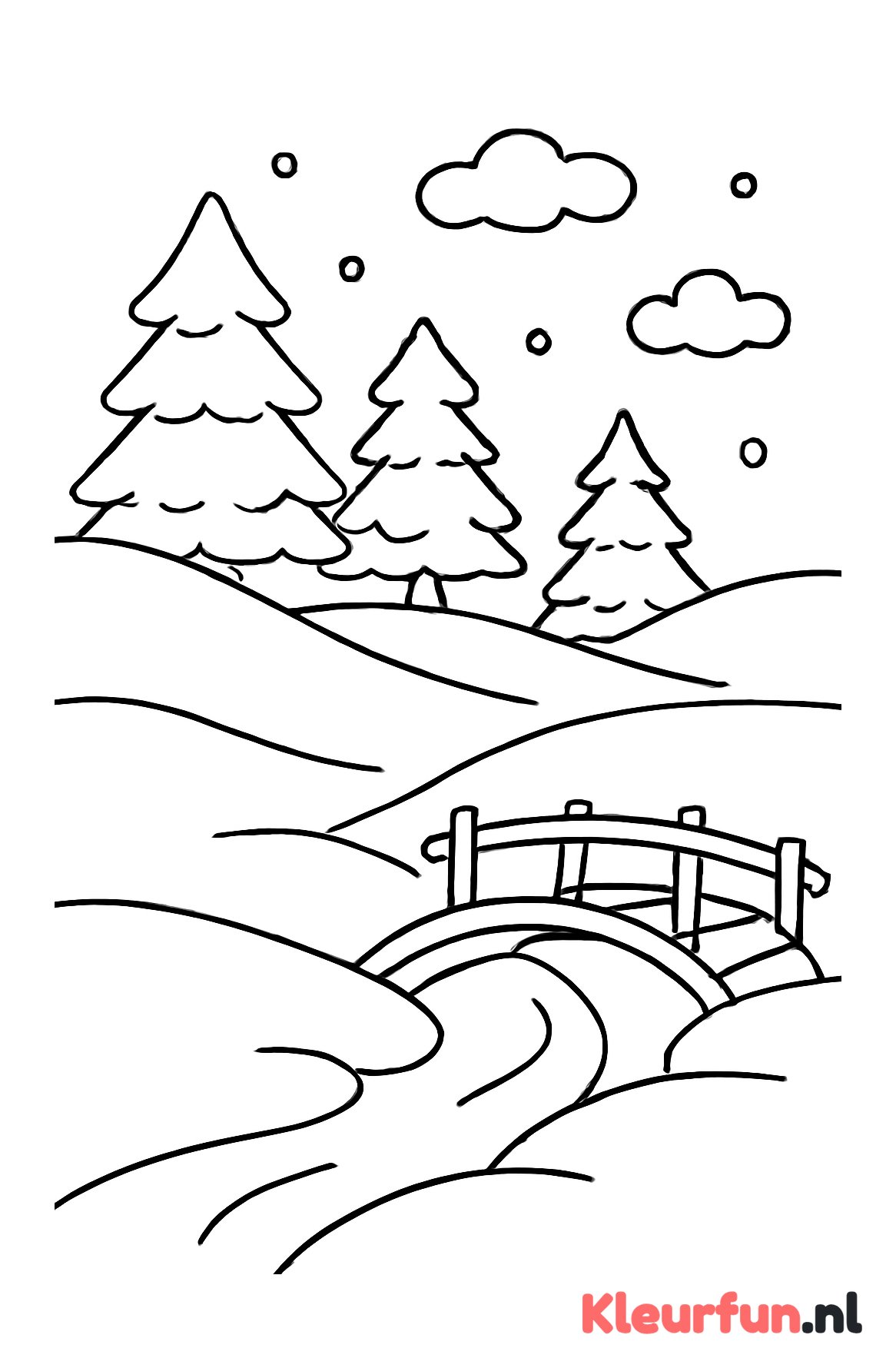 Winterlandschap met brug en bevroren stroom