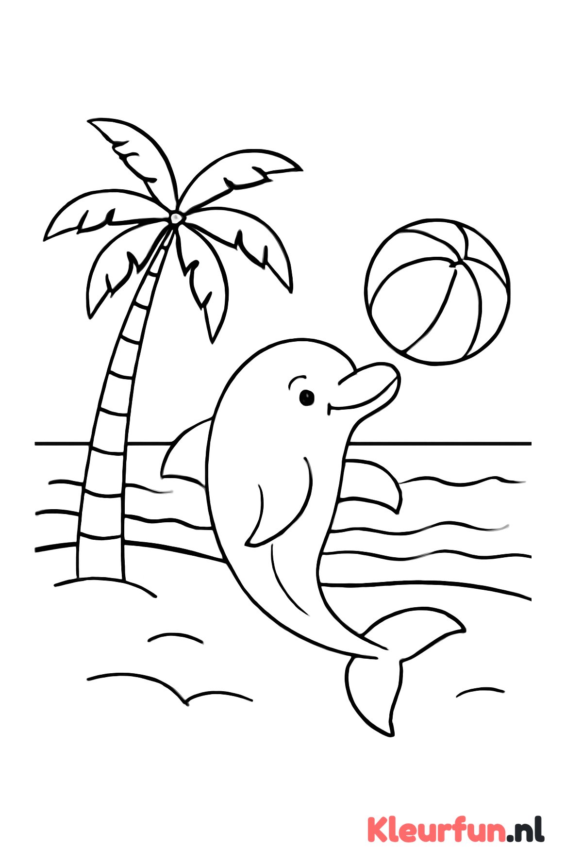Dolfijn speelt met bal op strand