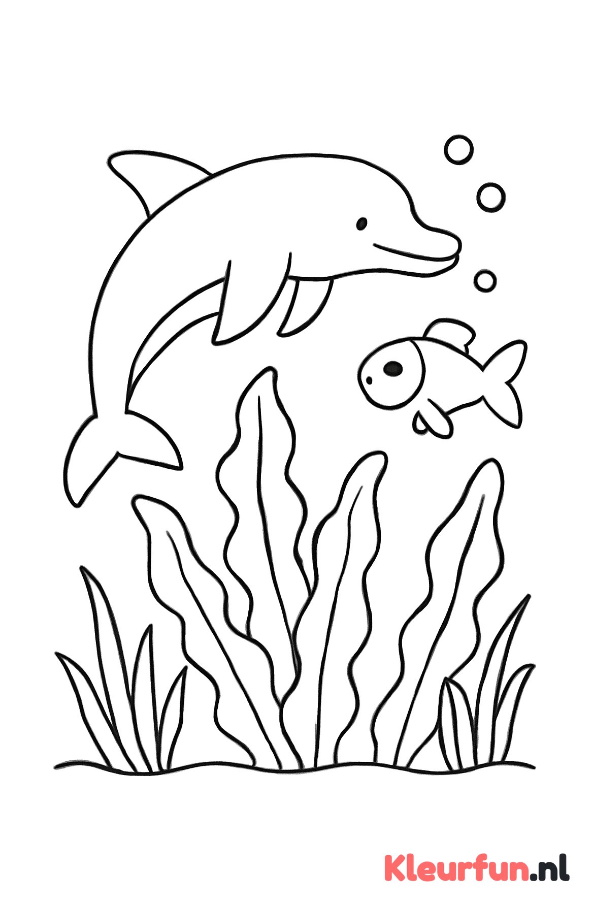 Dolfijn en vis tussen zeeplanten