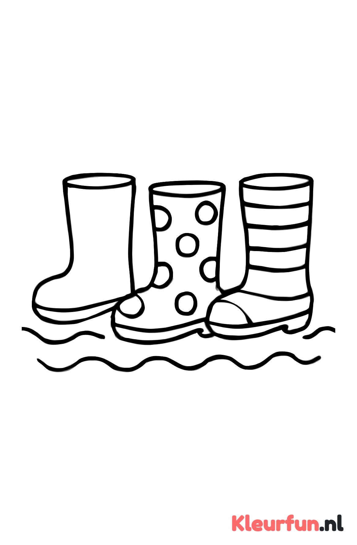 Drie regenlaarzen bij water