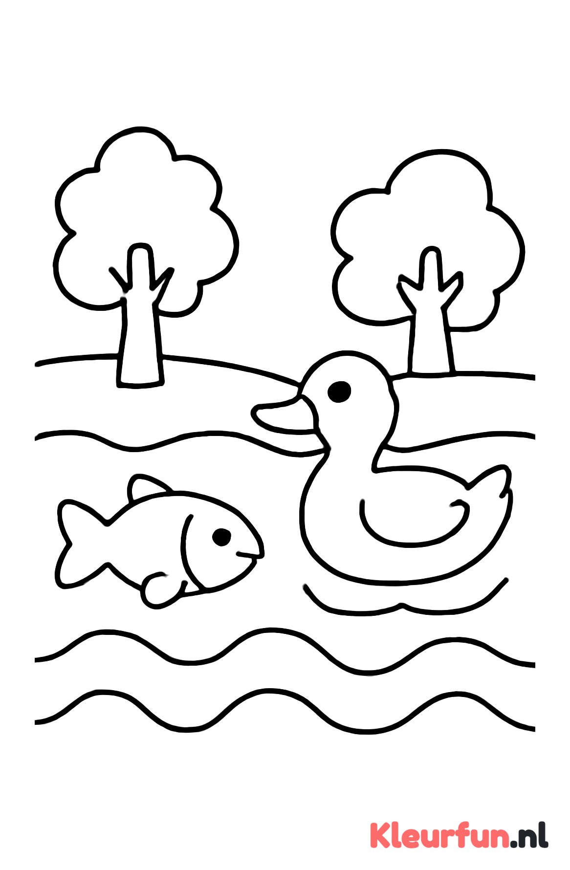 Eenvoudige rivier met vis en eend