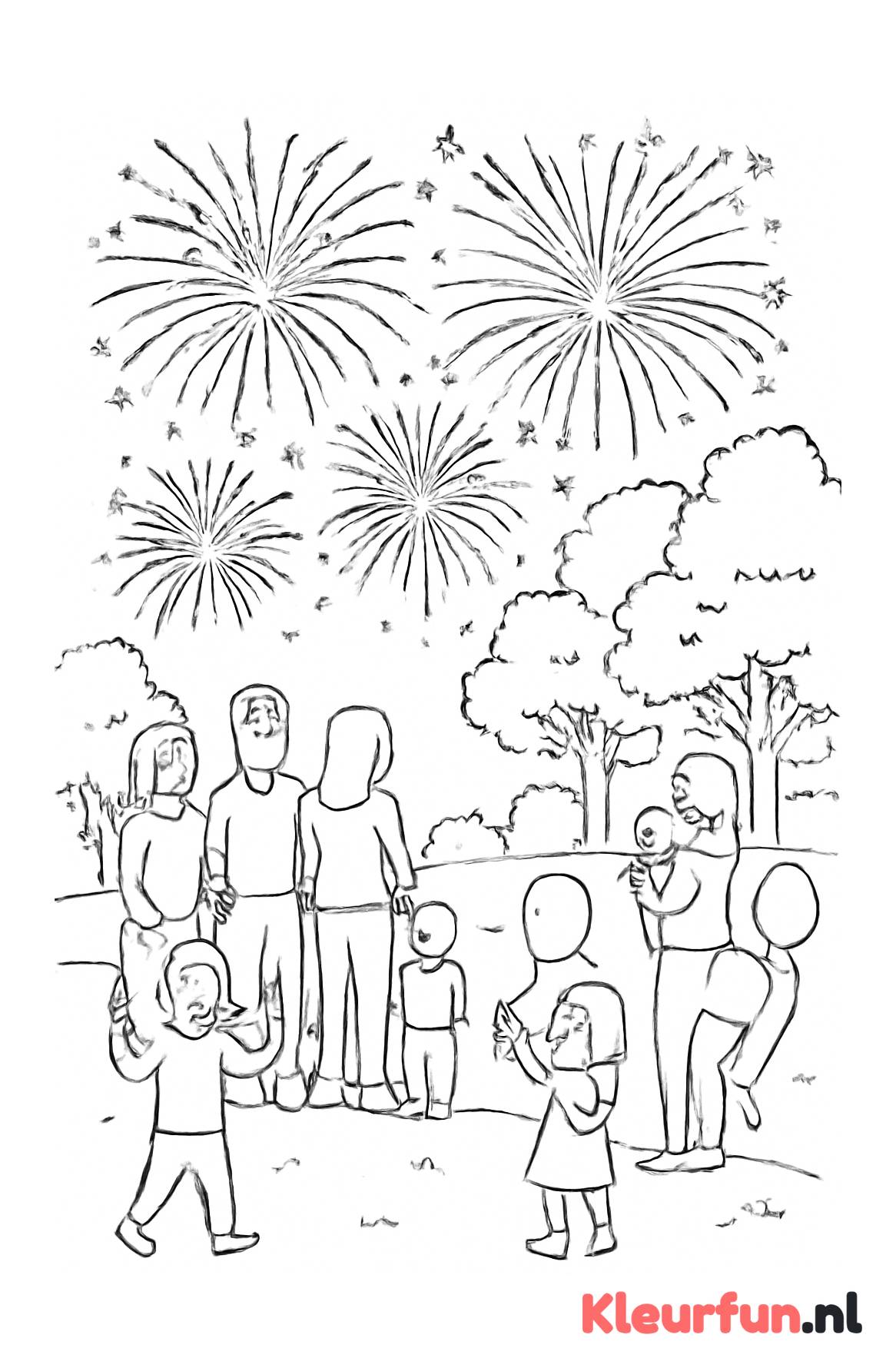 Vuurwerkshow in het park met families