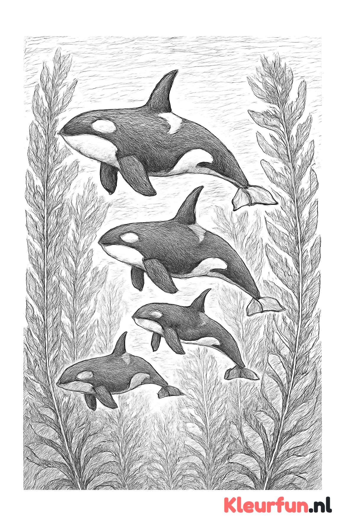 Groep orka's in kelp onderwater