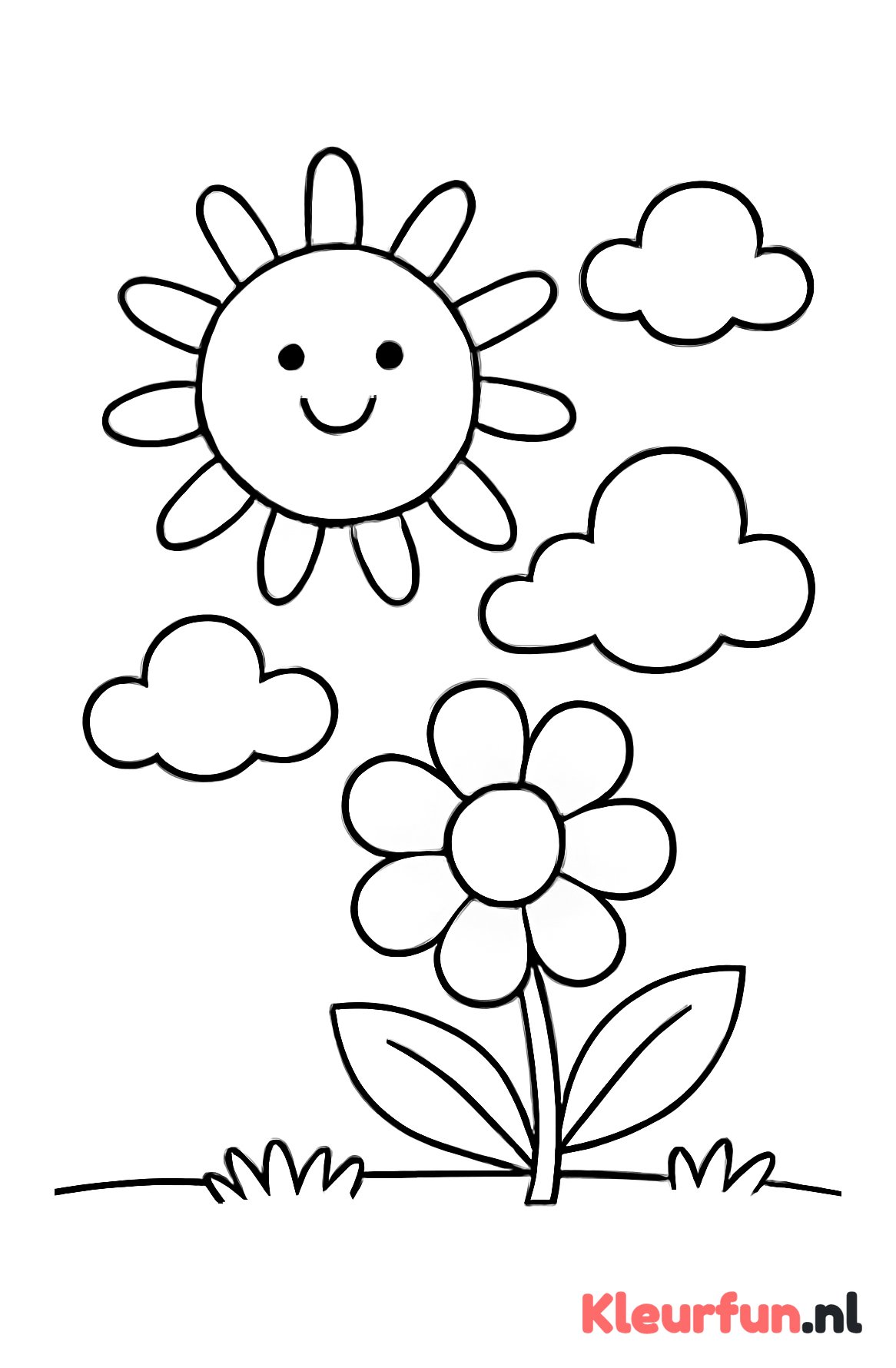 Eenvoudige grote zon met vrolijke wolken en een stralende bloem