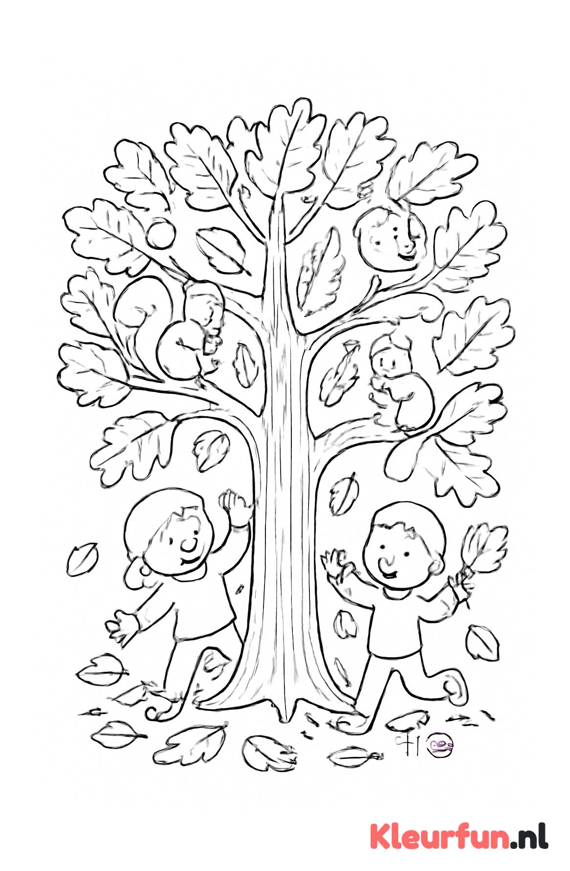 Herfstboom met spelende kinderen en dieren