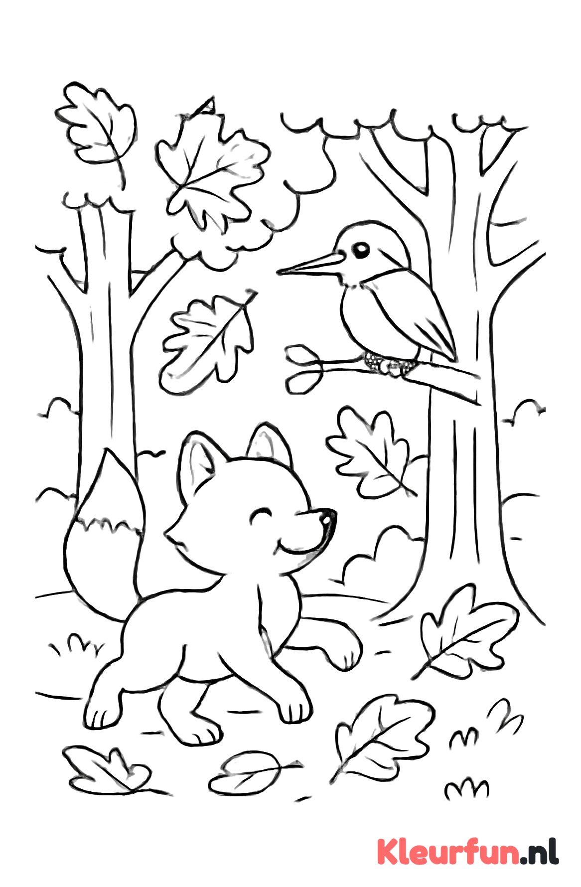 Herfstbos met vos en ijsvogel