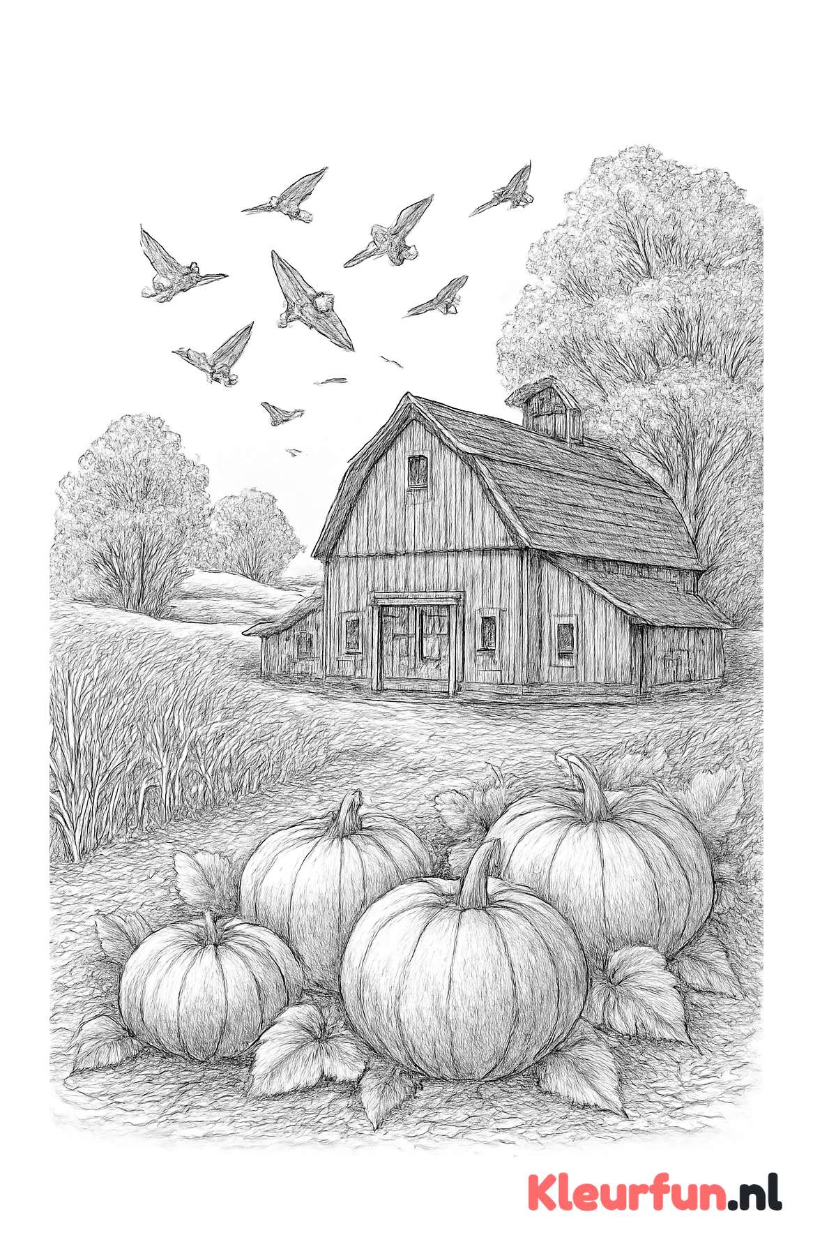 Herfstlandschap met boerderij en pompoenen