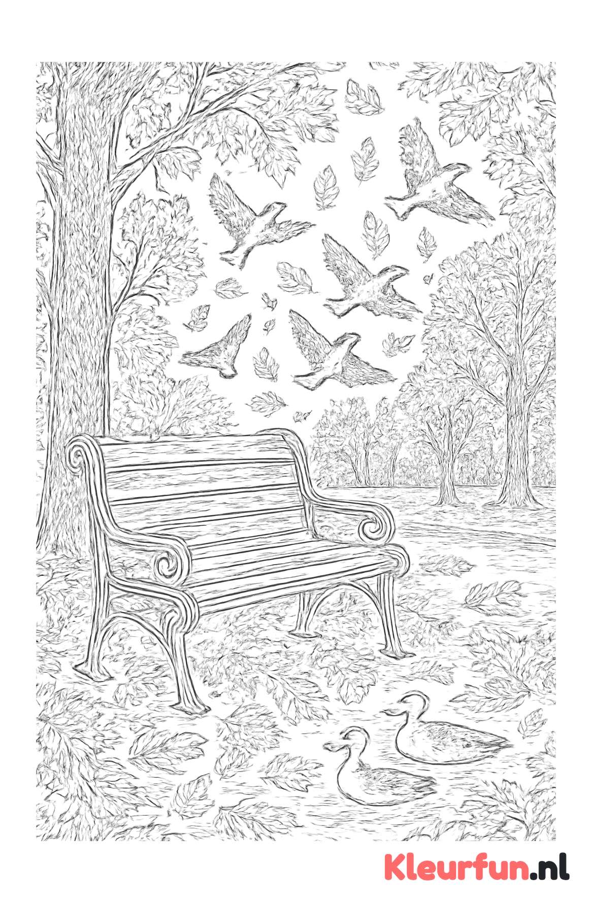 Herfstpark met vijver en vogels
