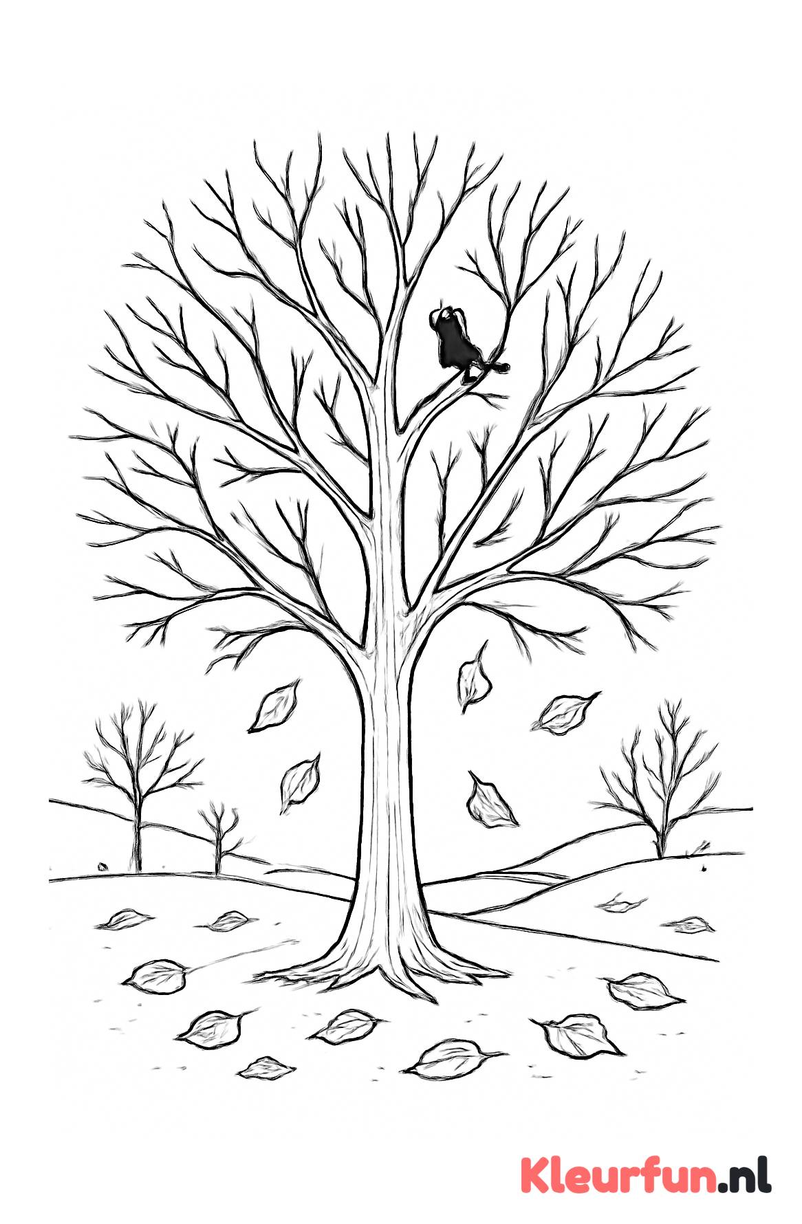 Kale boom in herfstlandschap met vogel