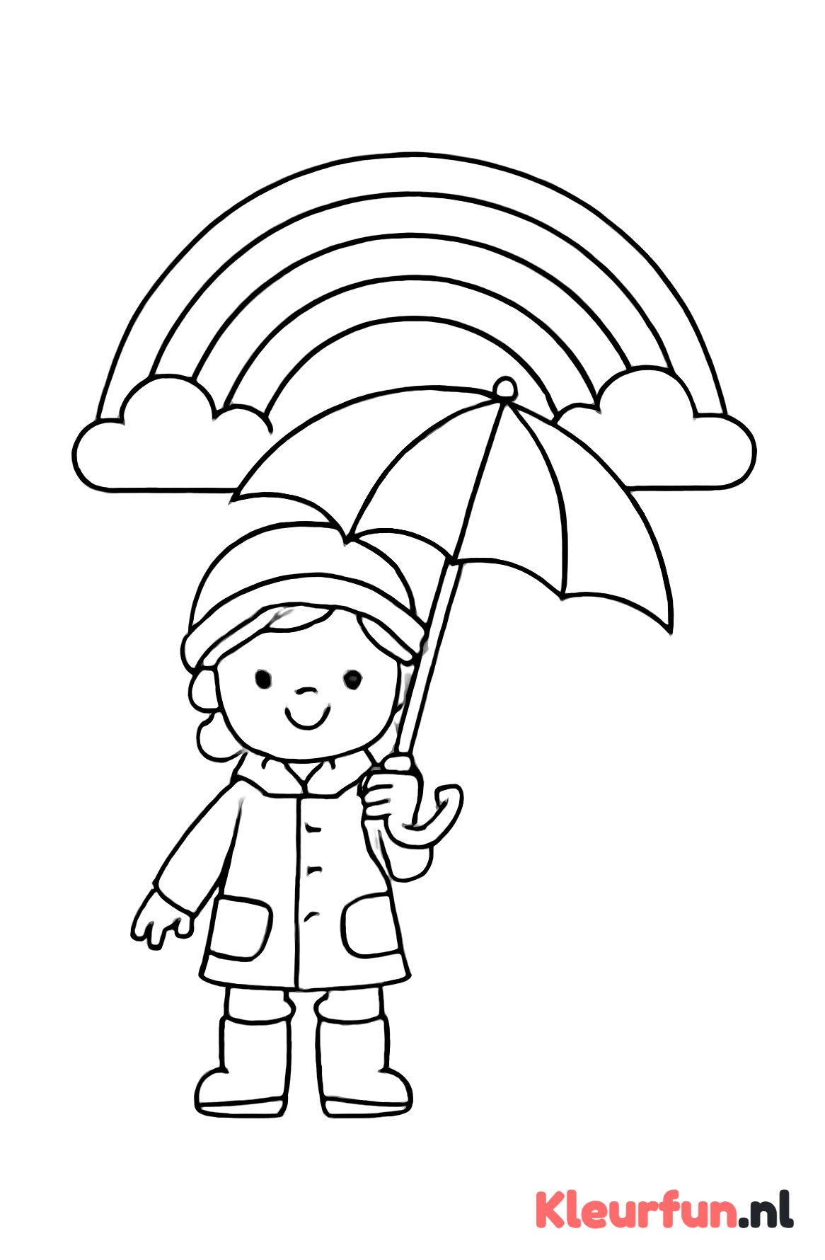 Kind met paraplu onder regenboog