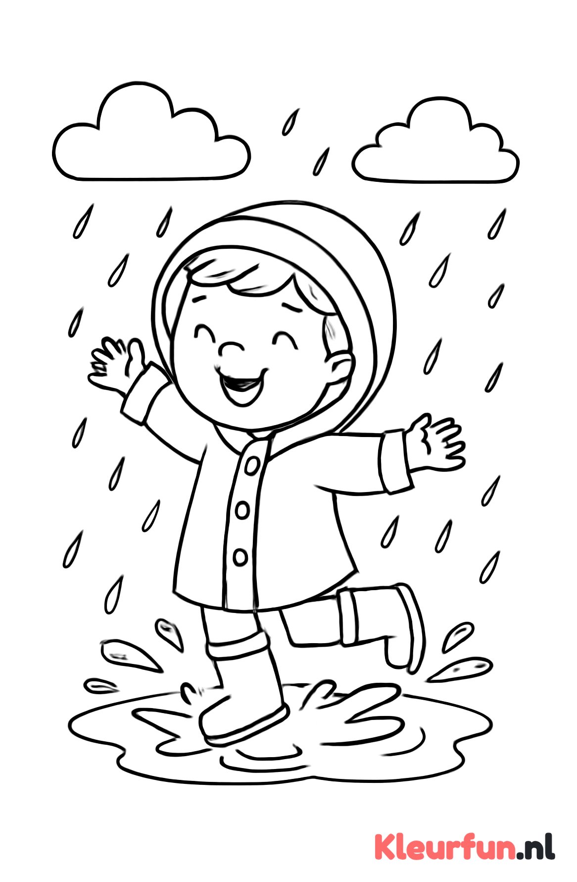 Kind met regenjas spelend in plassen
