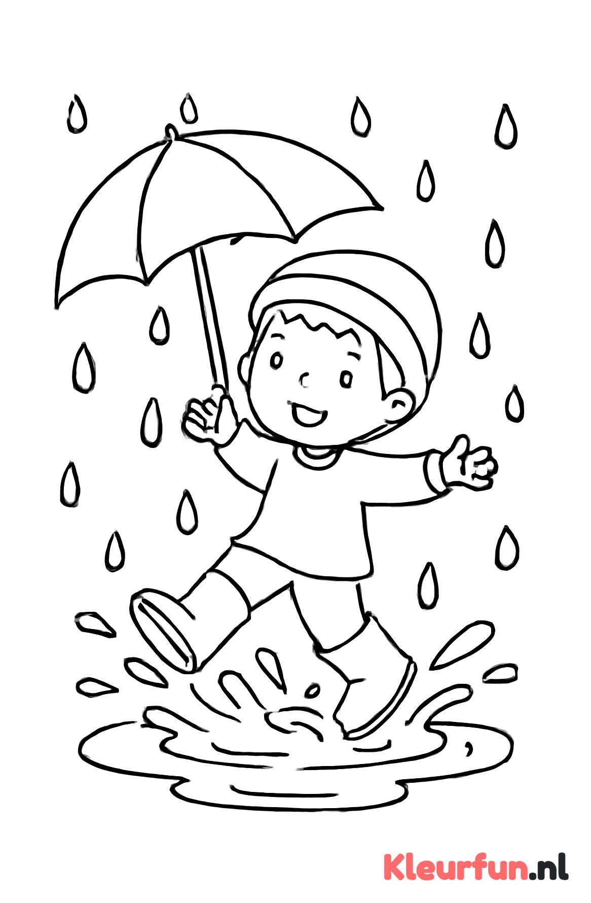 Kind springt in plens met regenlaarzen