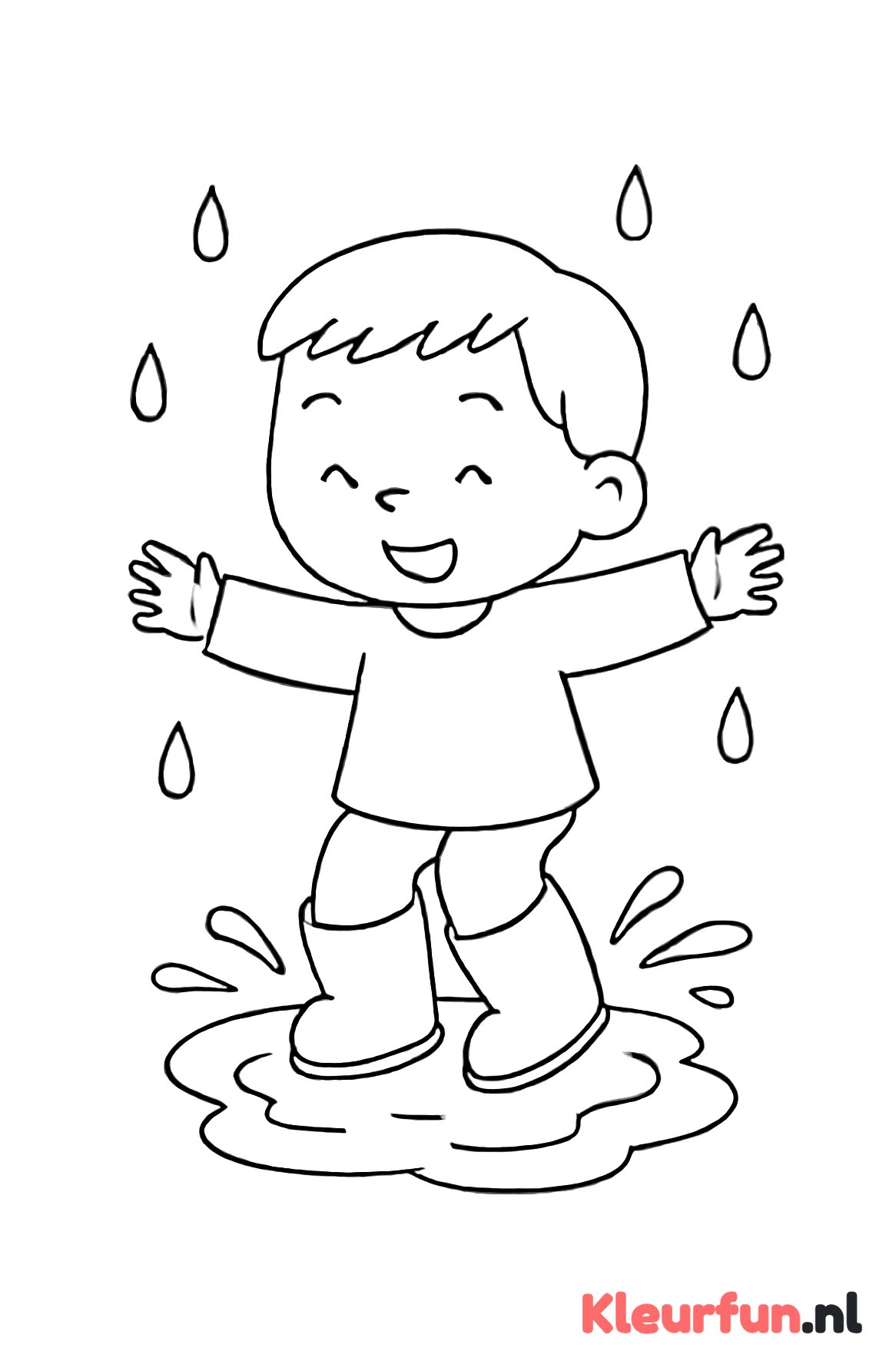Kind springt in waterplas met regenlaarzen