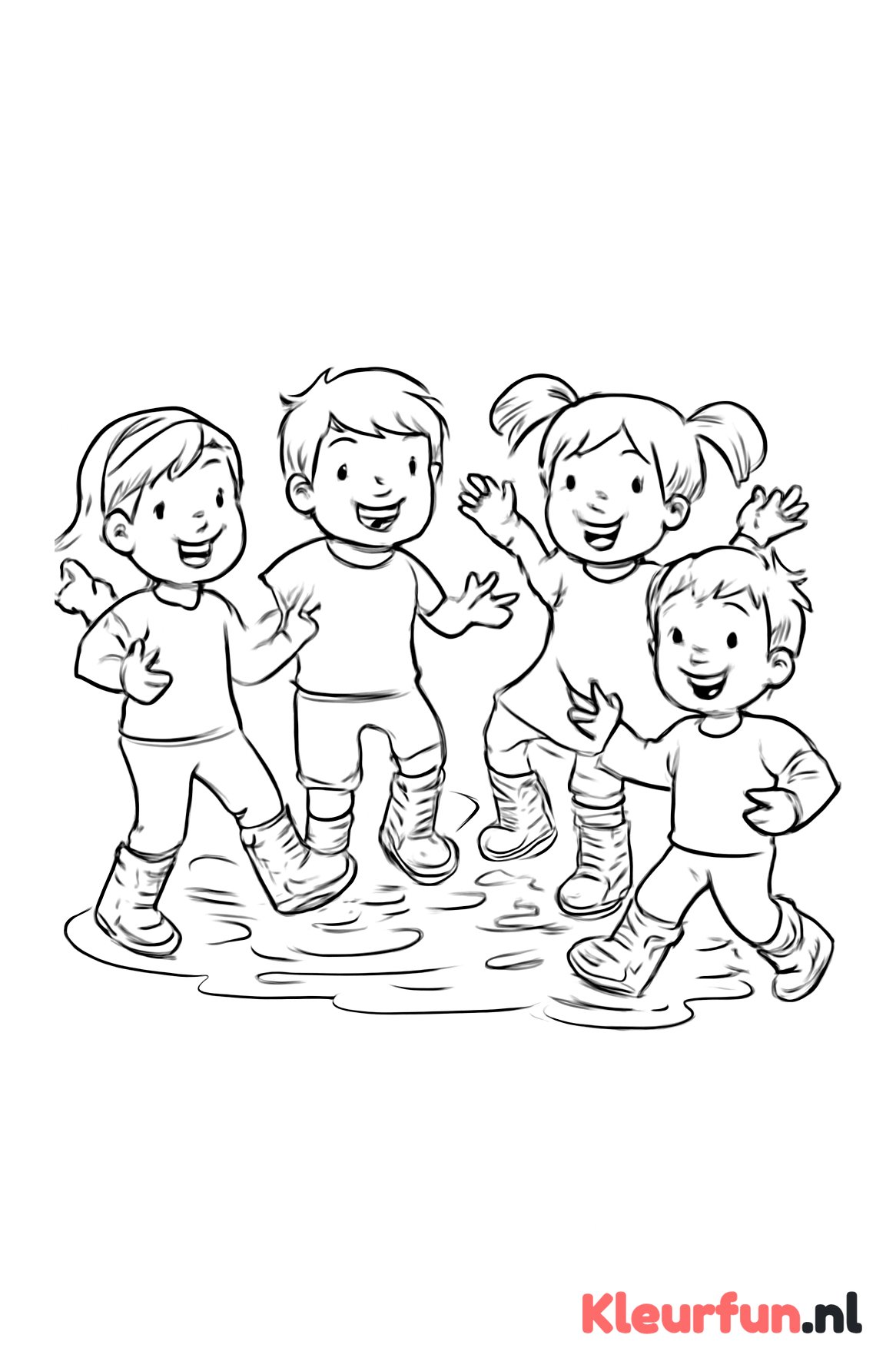 Kinderen spelen met regenlaarzen in plas water